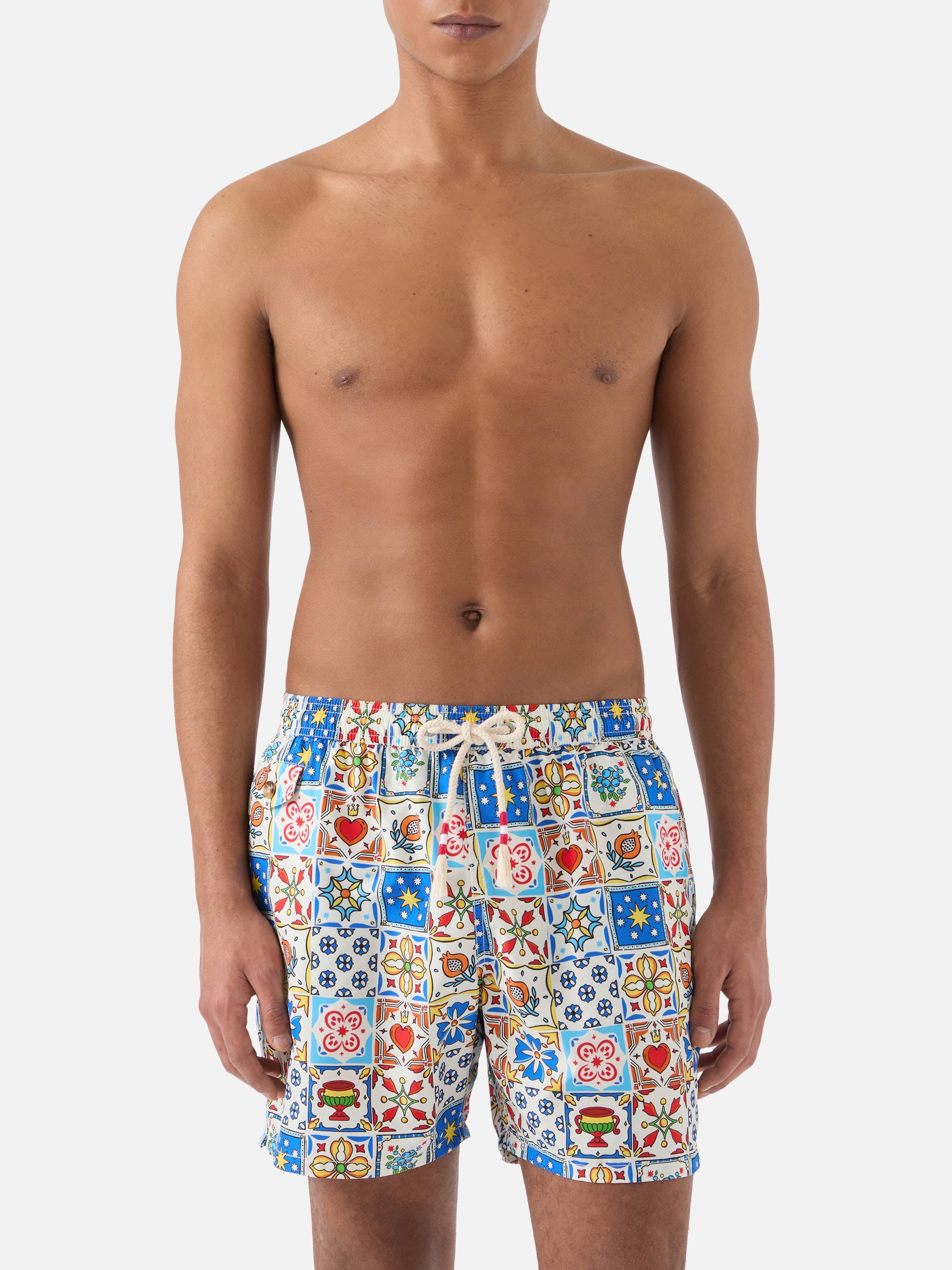 Lighting 70 Swim Shorts With Multicolor Majolica Print White Swimshort