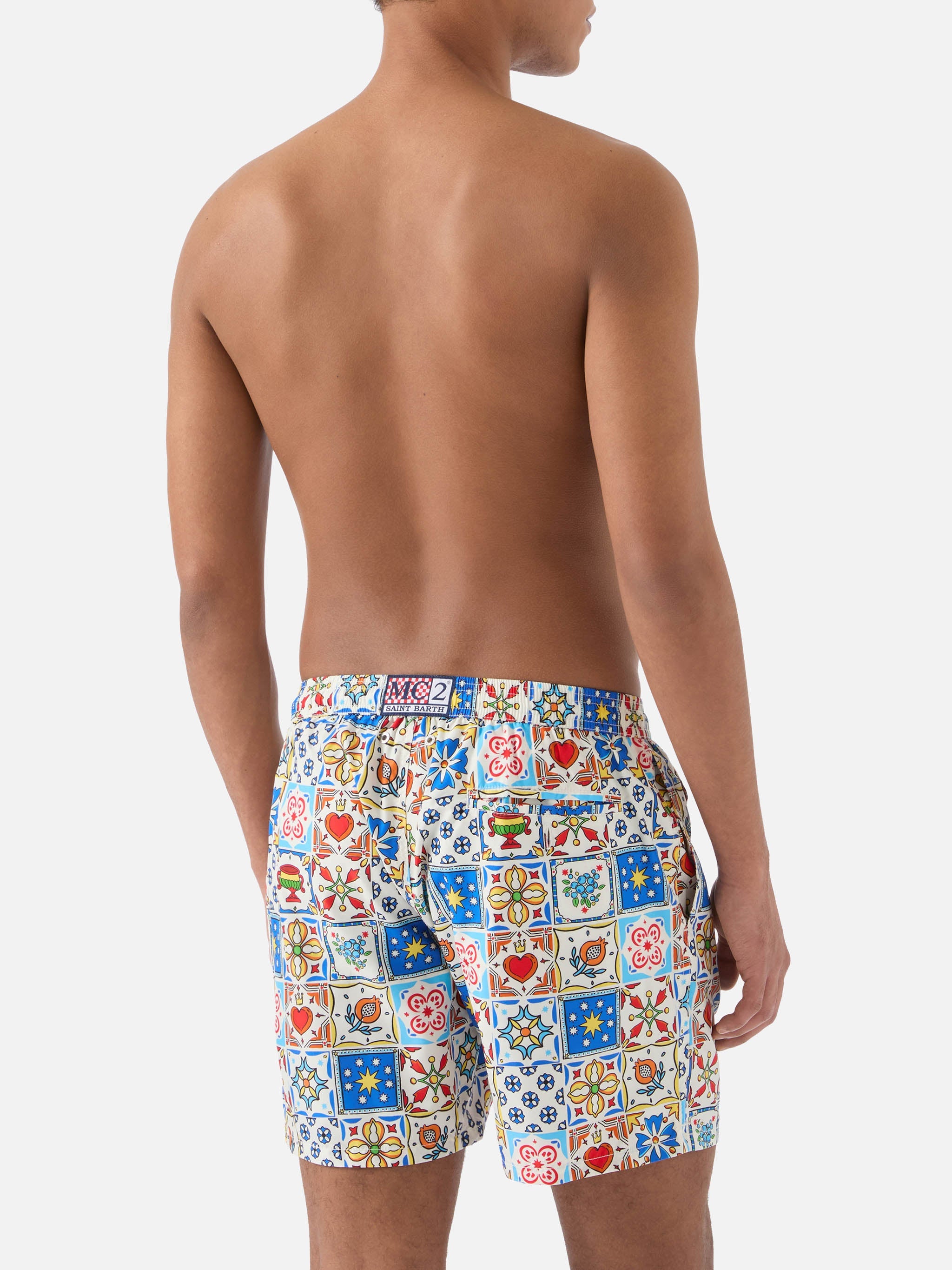 Lighting 70 Swim Shorts With Multicolor Majolica Print White Swimshort