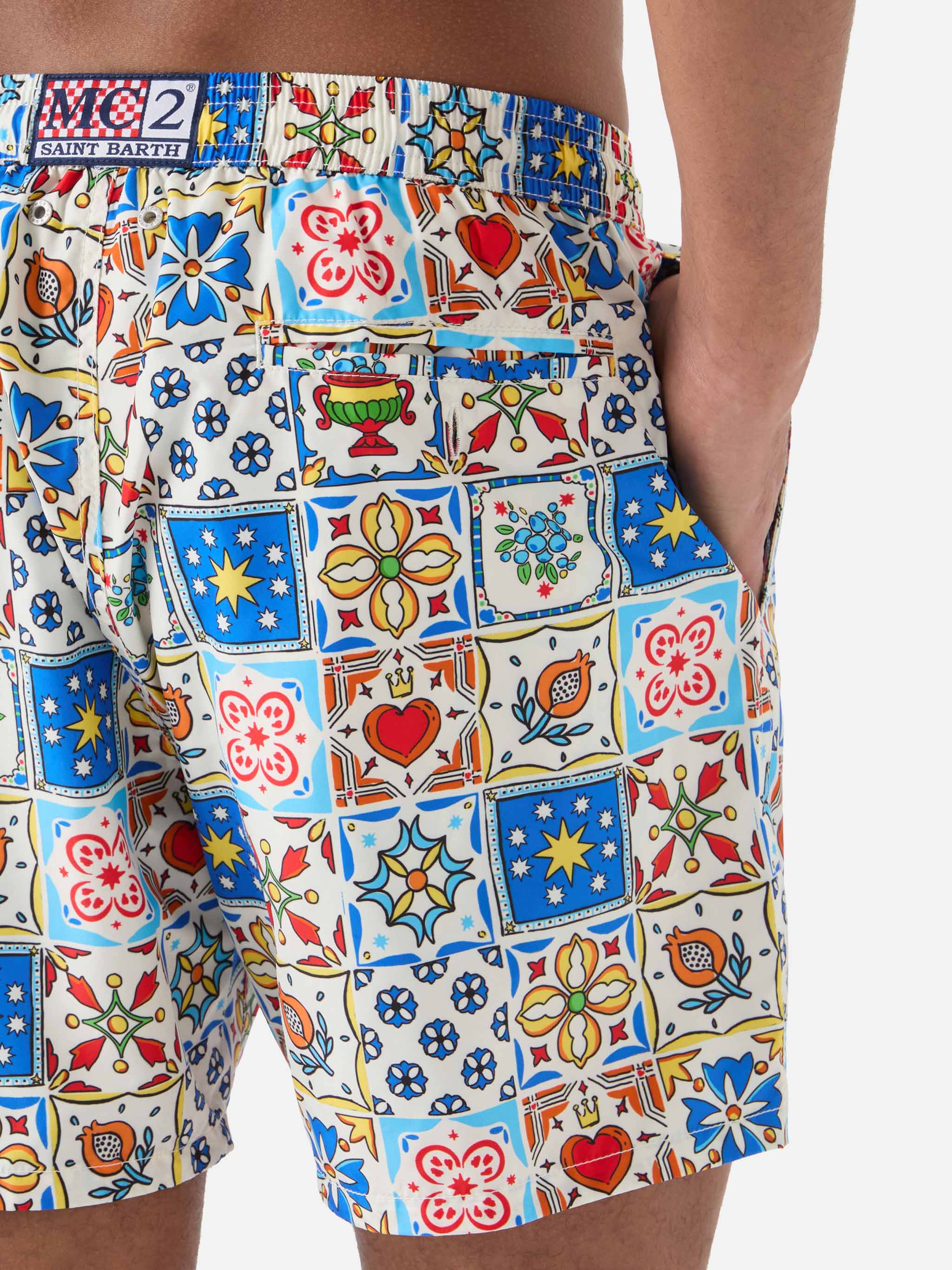 Lighting 70 Swim Shorts With Multicolor Majolica Print White Swimshort