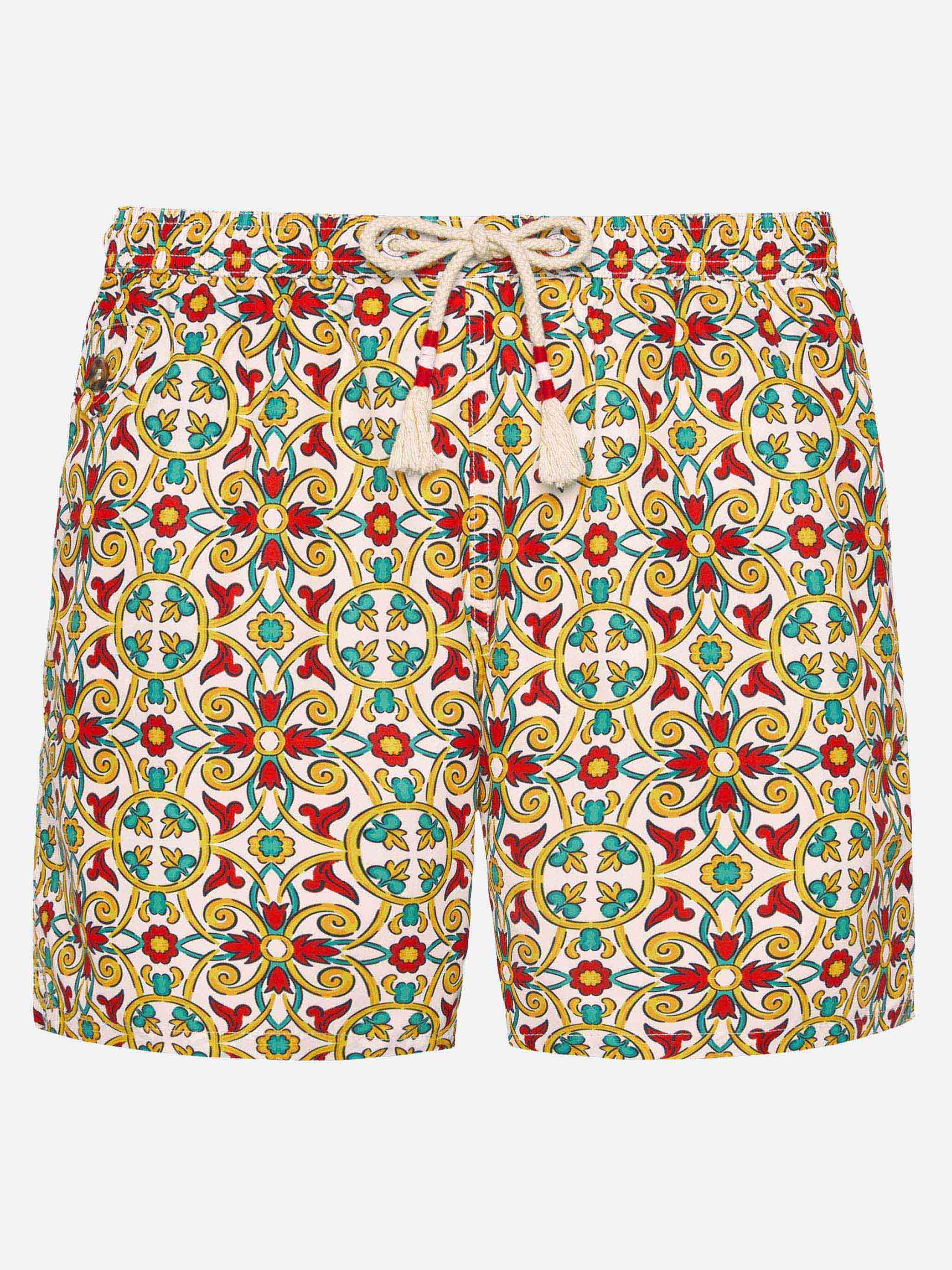 Lightweight Fabric Swim-Shorts Lighting 70 With Majolica Print White Swimshort