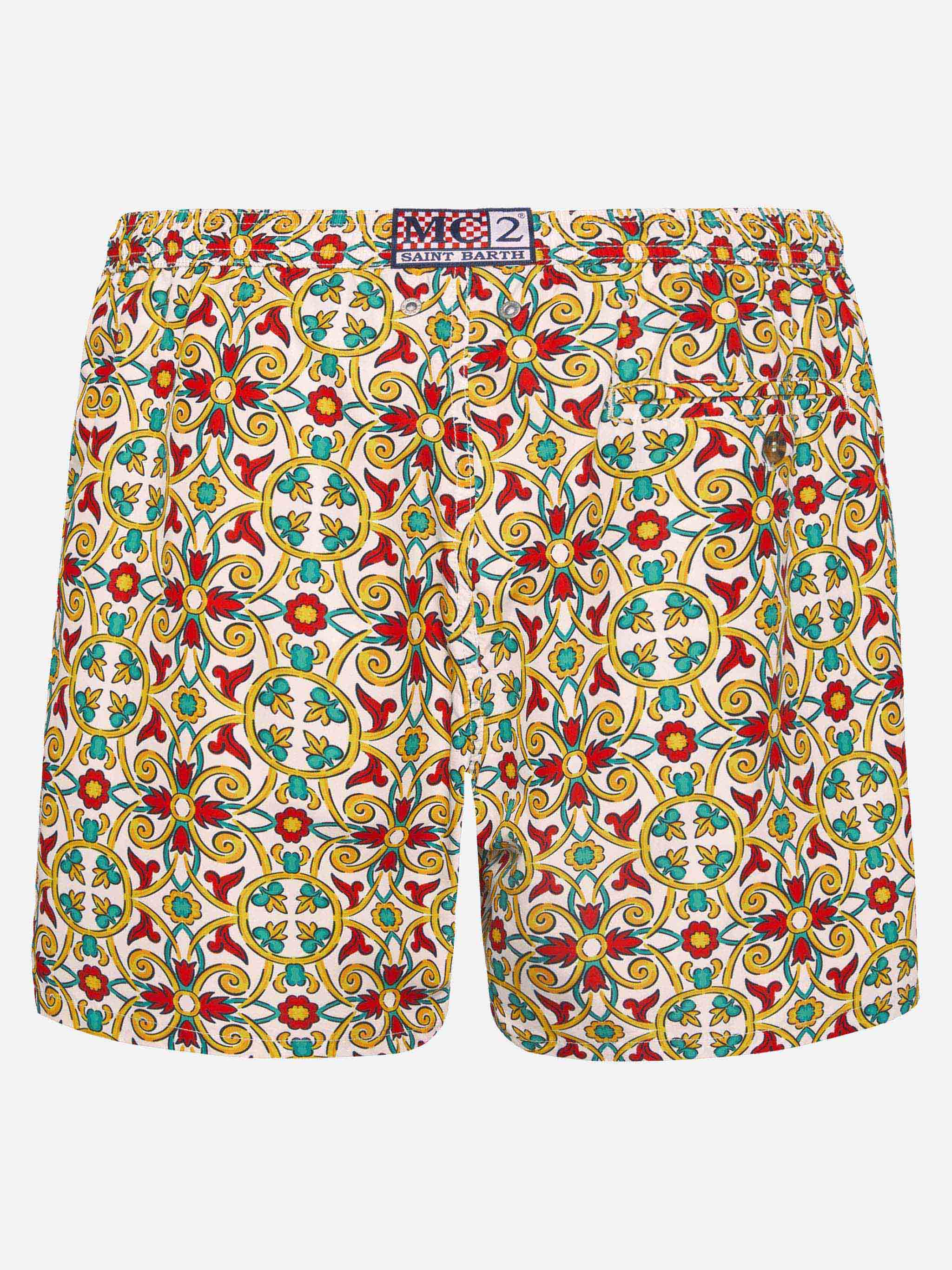 Lightweight Fabric Swim-Shorts Lighting 70 With Majolica Print White Swimshort