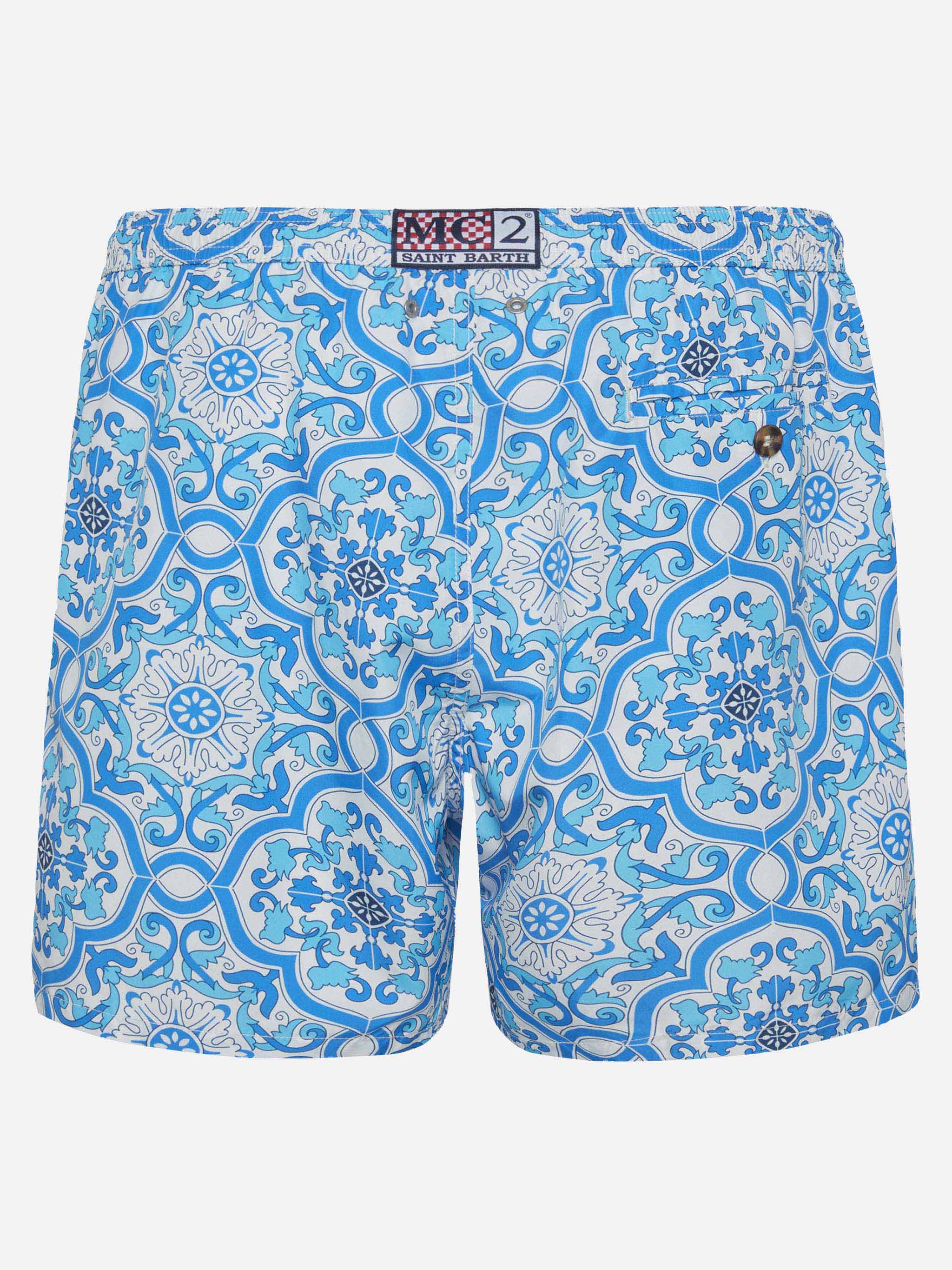 Lightweight Fabric Swim-Shorts Lighting 70 With Majolica Print White Swimshort