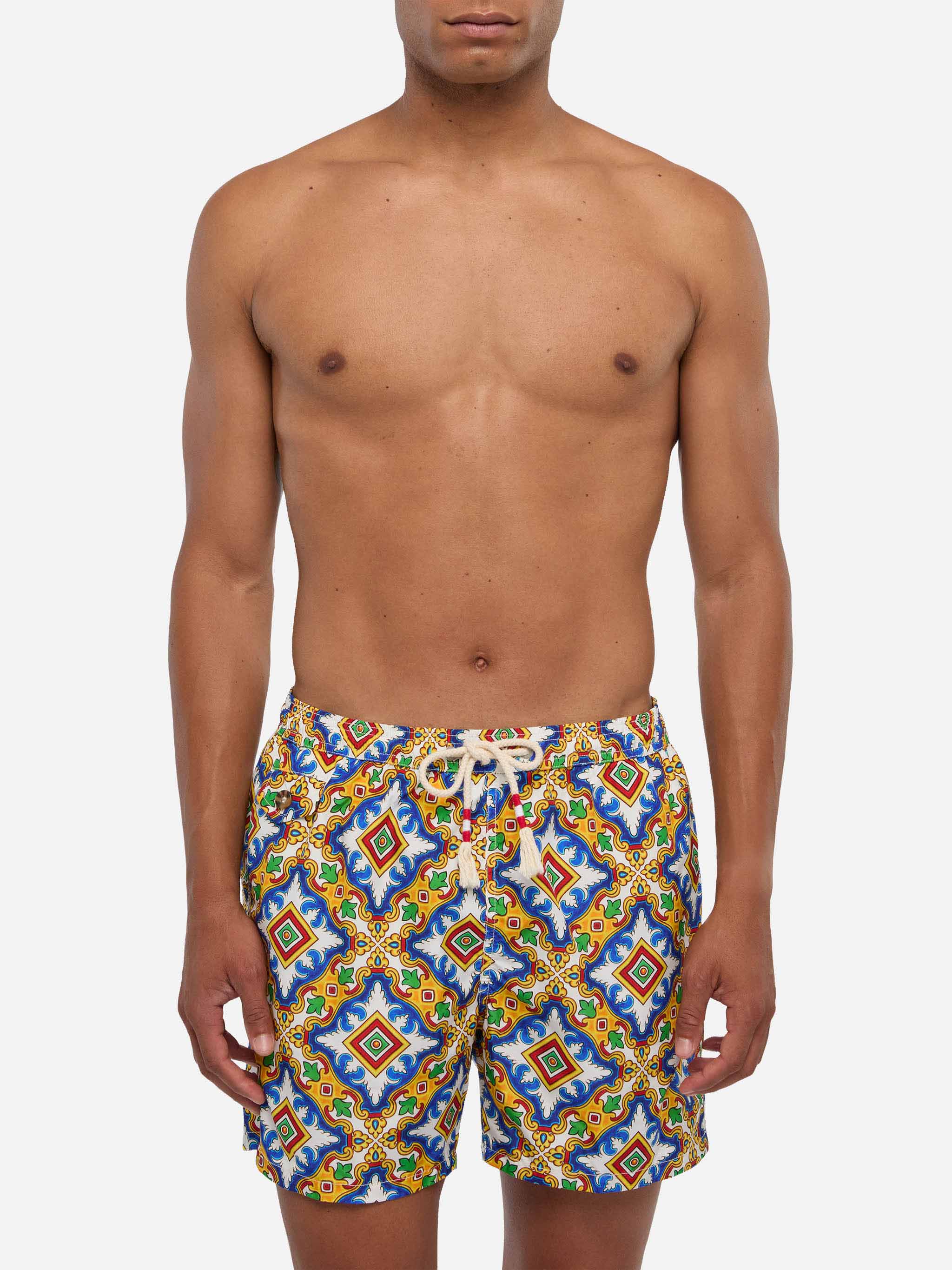 Man Light Fabric Swim Shorts With Majolica Print White Swimshort