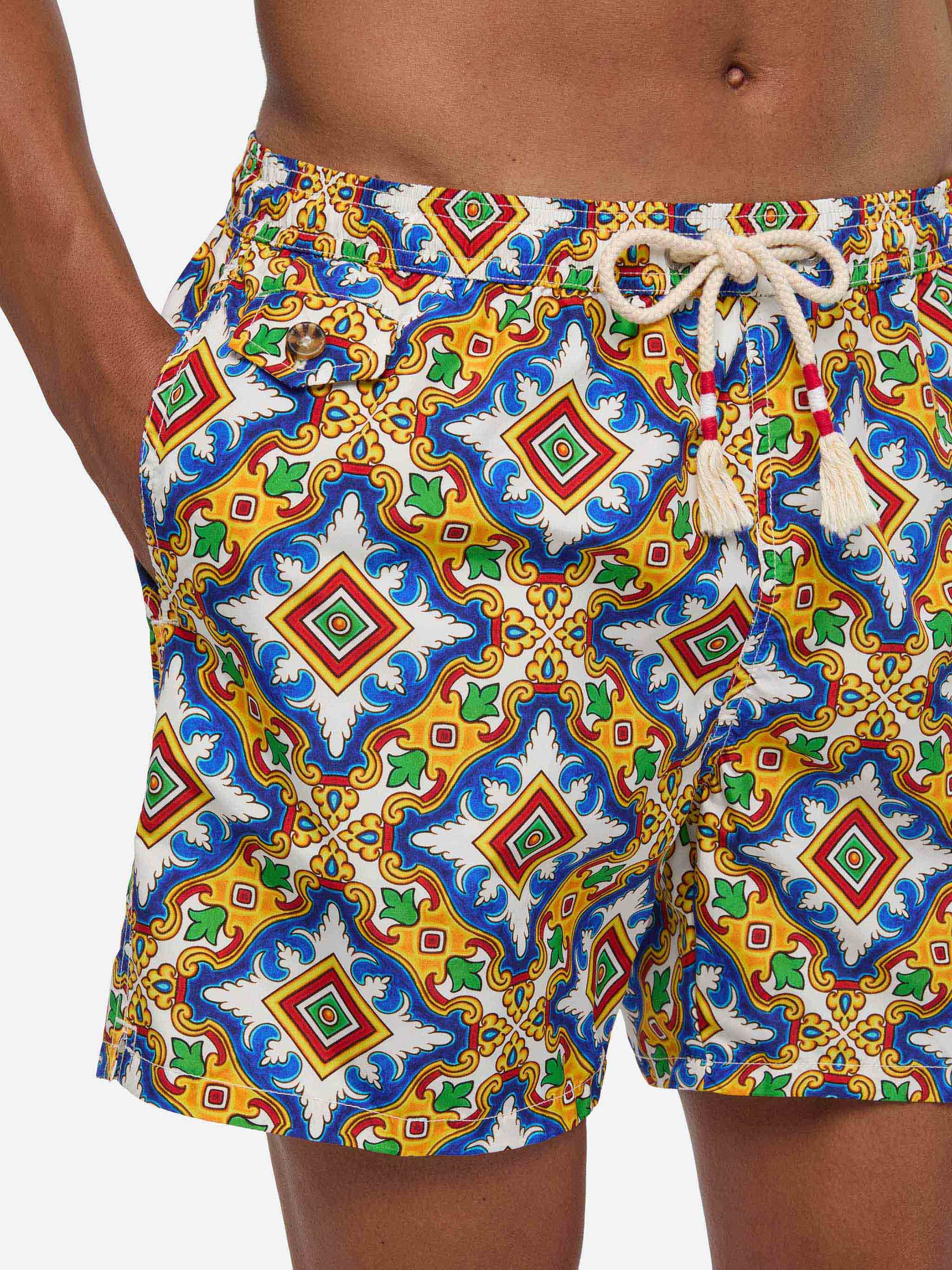 Man Light Fabric Swim Shorts With Majolica Print White Swimshort