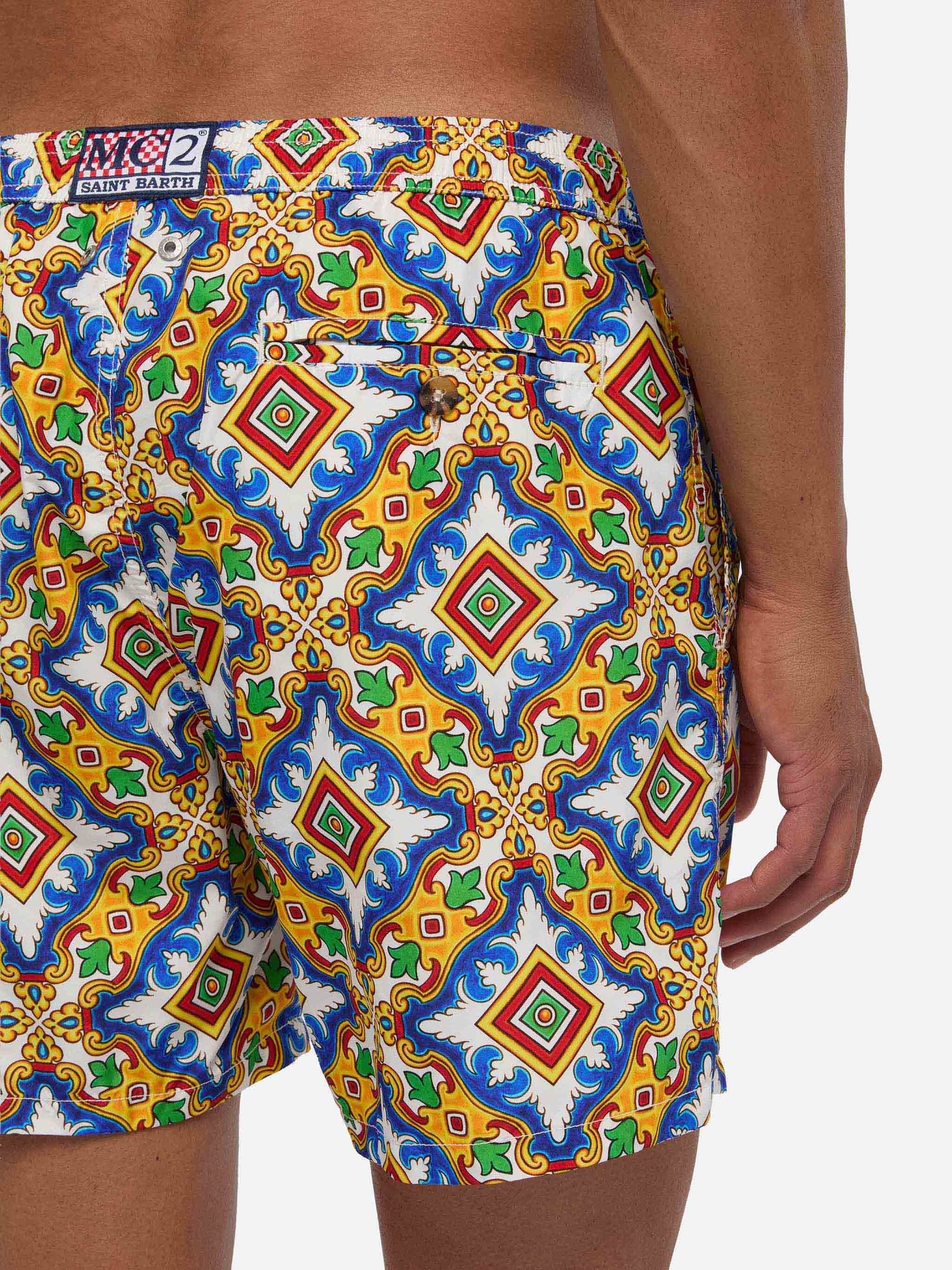 Man Light Fabric Swim Shorts With Majolica Print White Swimshort