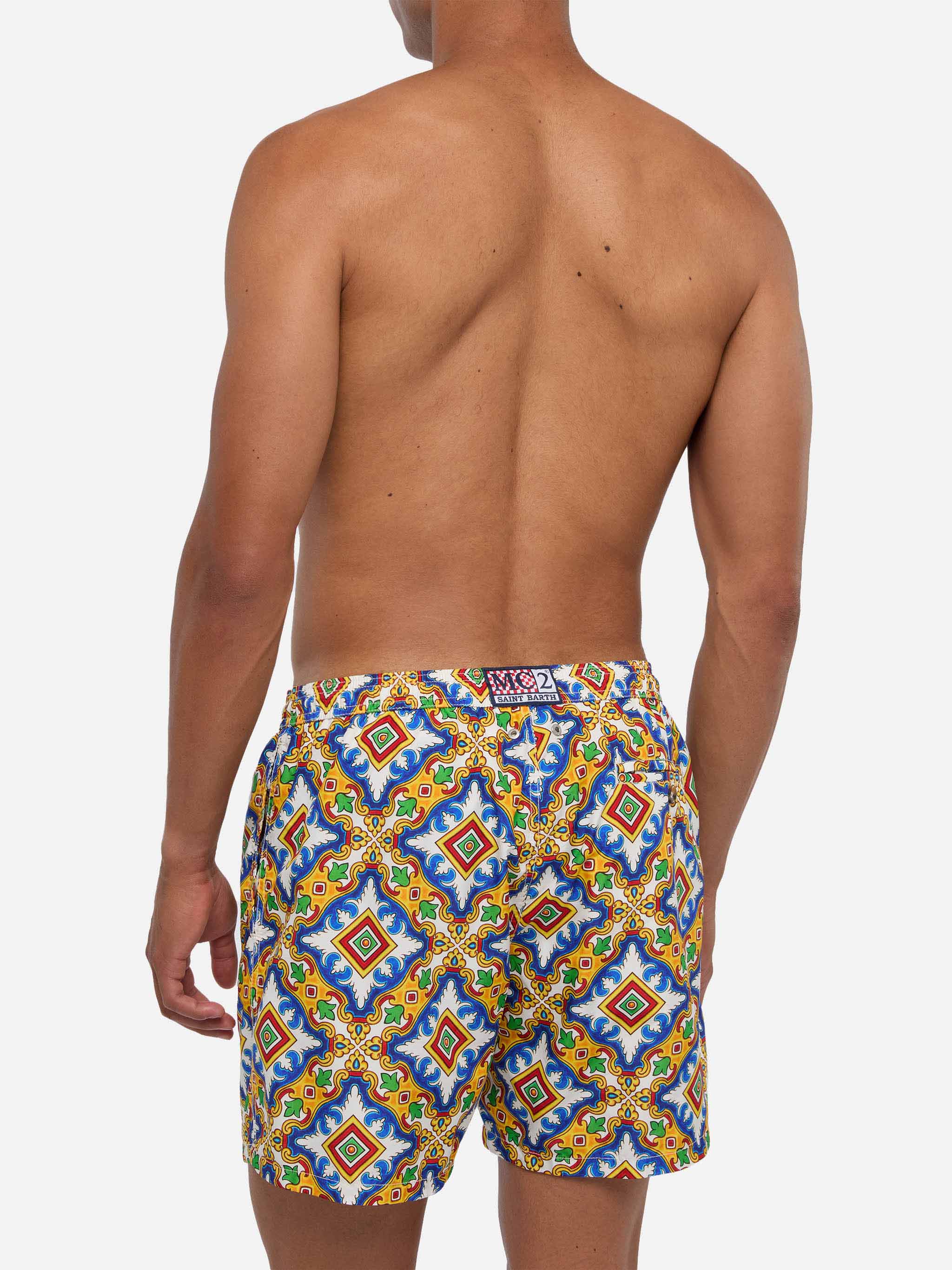 Man Light Fabric Swim Shorts With Majolica Print White Swimshort