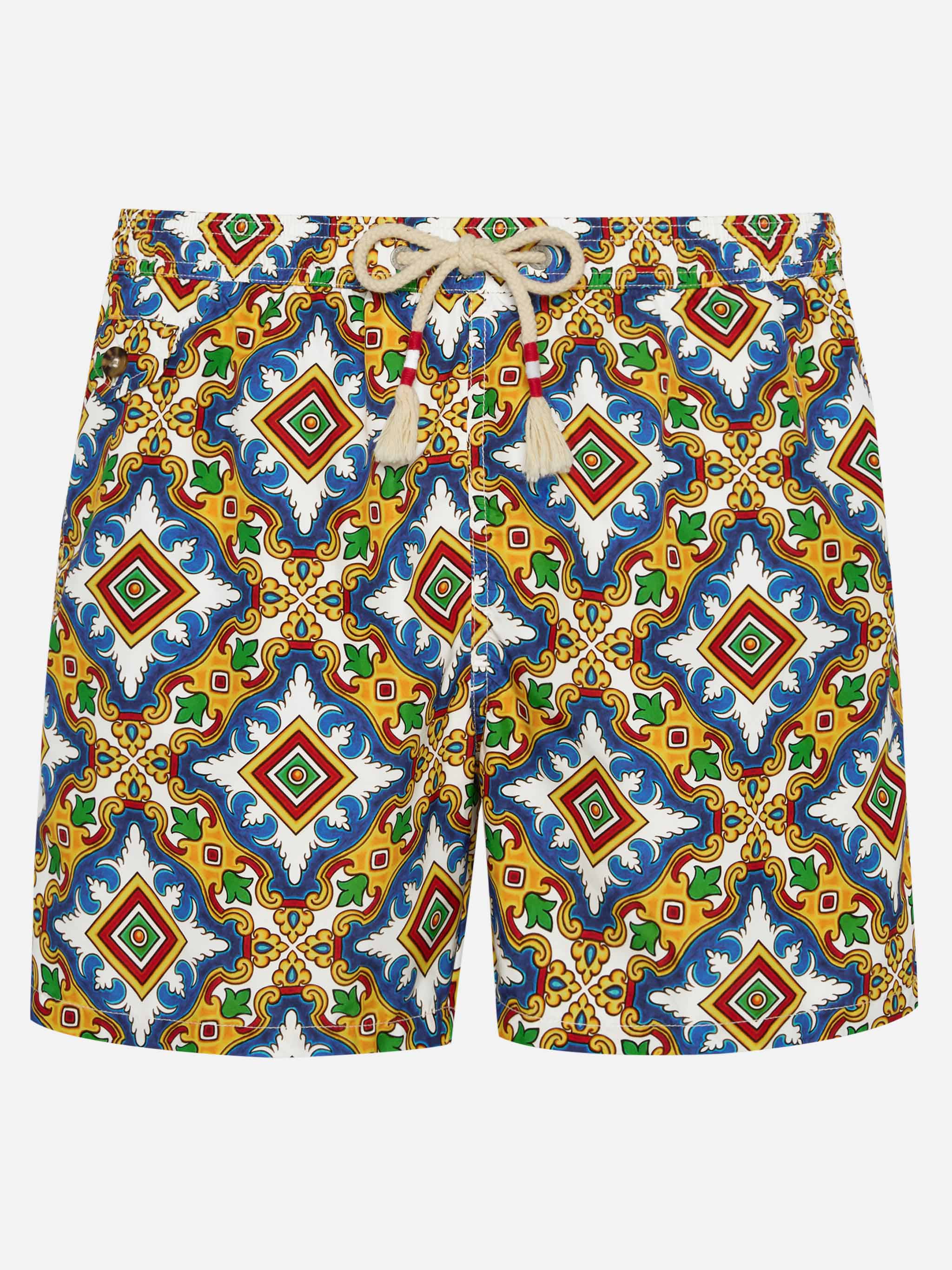 Man Light Fabric Swim Shorts With Majolica Print White Swimshort