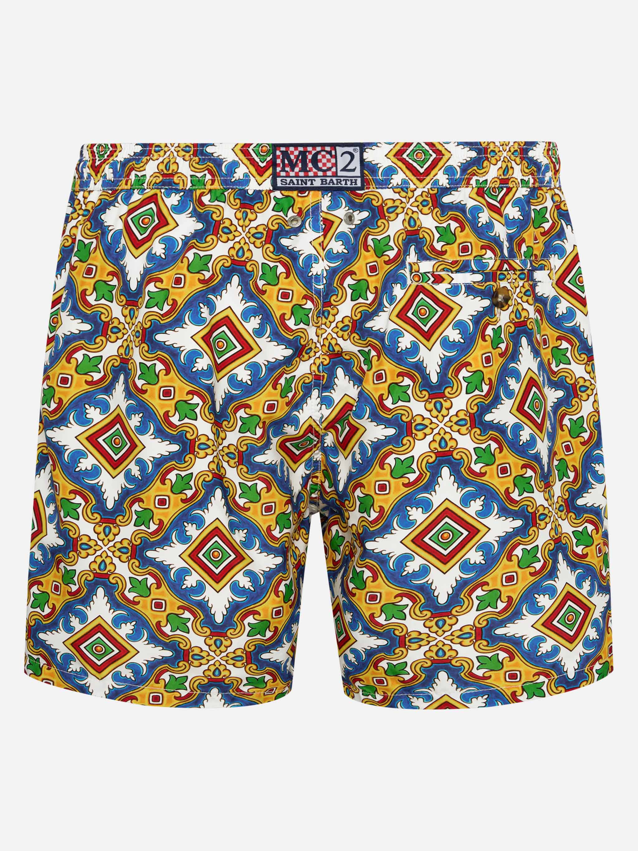 Man Light Fabric Swim Shorts With Majolica Print White Swimshort