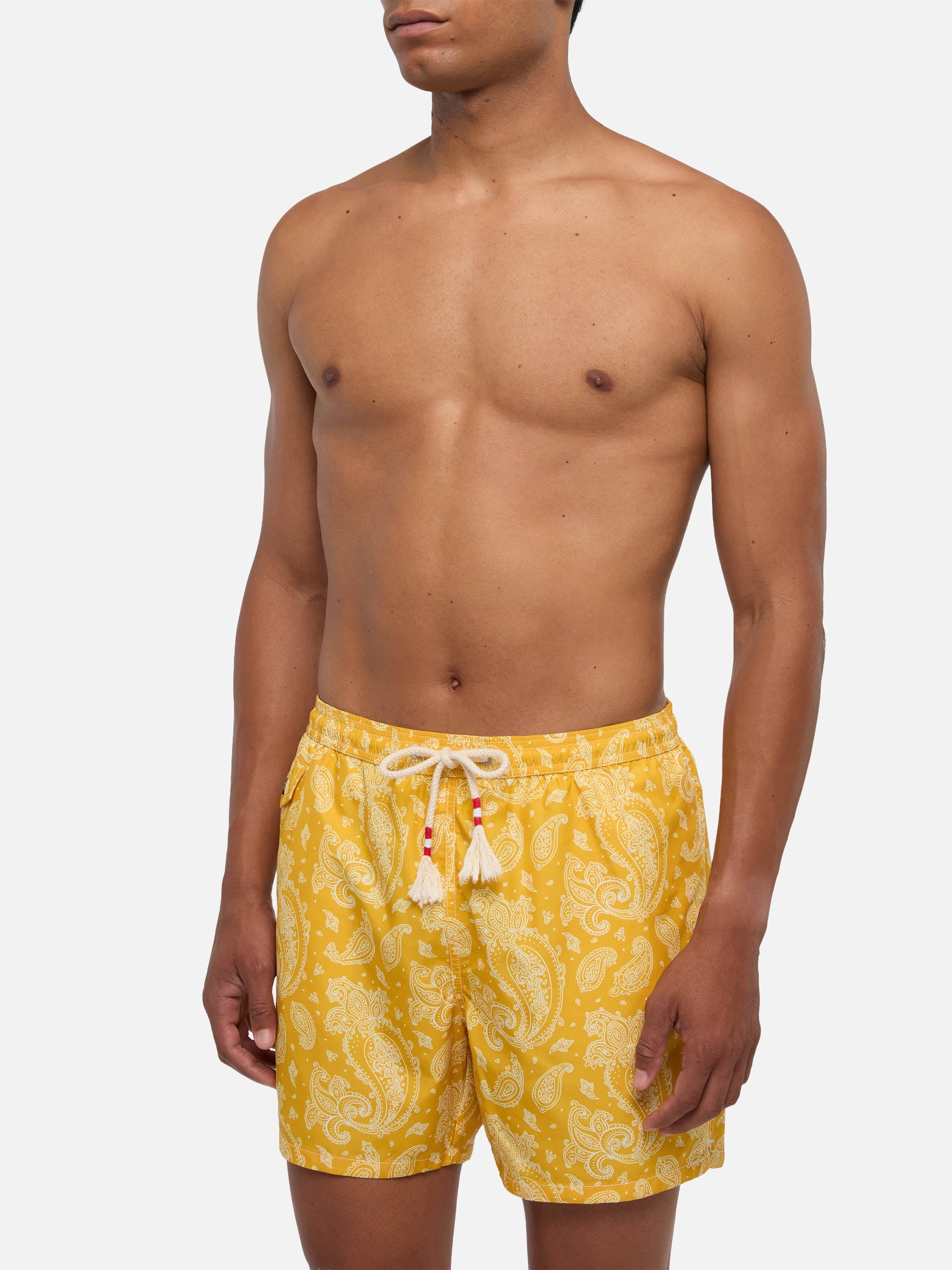 Man Light Fabric Swim Shorts With Ochre Paisley Print Yellow Swimshort
