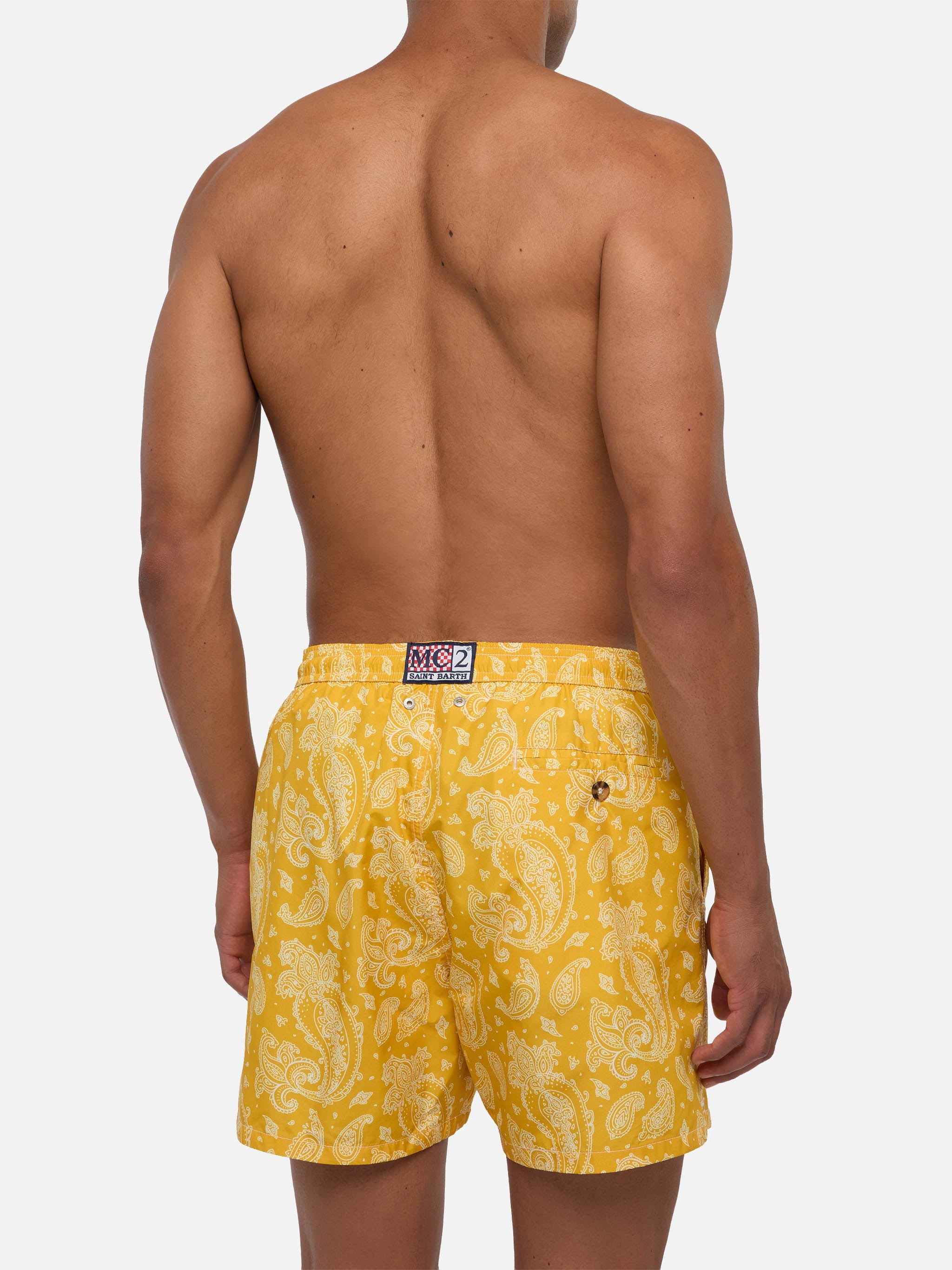 Man Light Fabric Swim Shorts With Ochre Paisley Print Yellow Swimshort