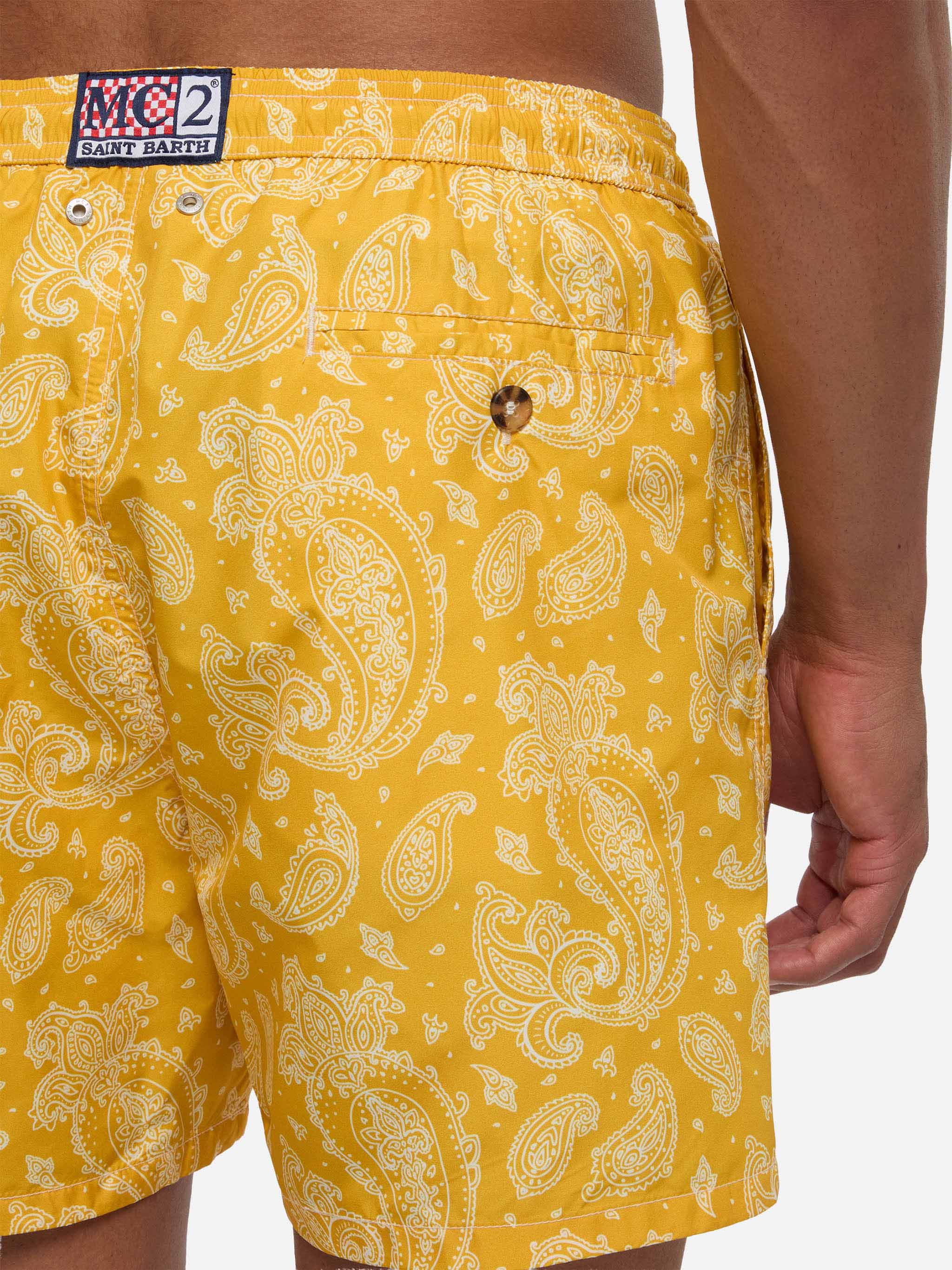 Man Light Fabric Swim Shorts With Ochre Paisley Print Yellow Swimshort