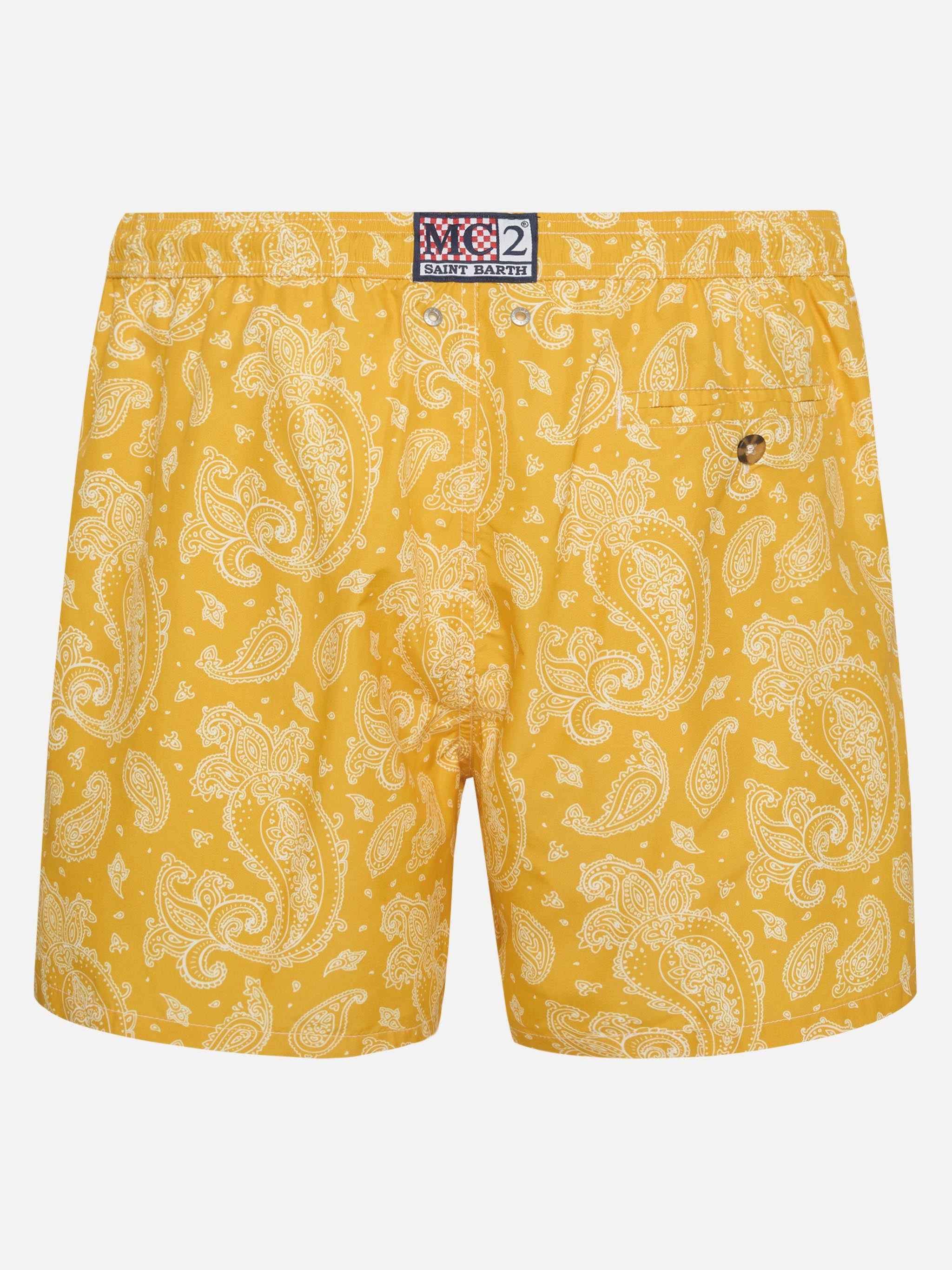 Man Light Fabric Swim Shorts With Ochre Paisley Print Yellow Swimshort