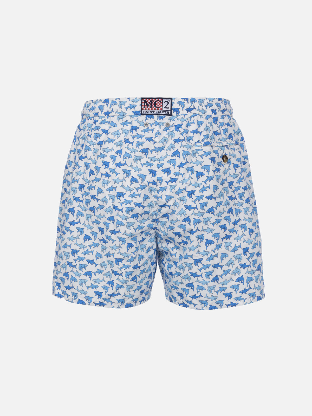 Man Lightweight Fabric Swim-Shorts Lighting 70 With Sharks Print White Swimshort
