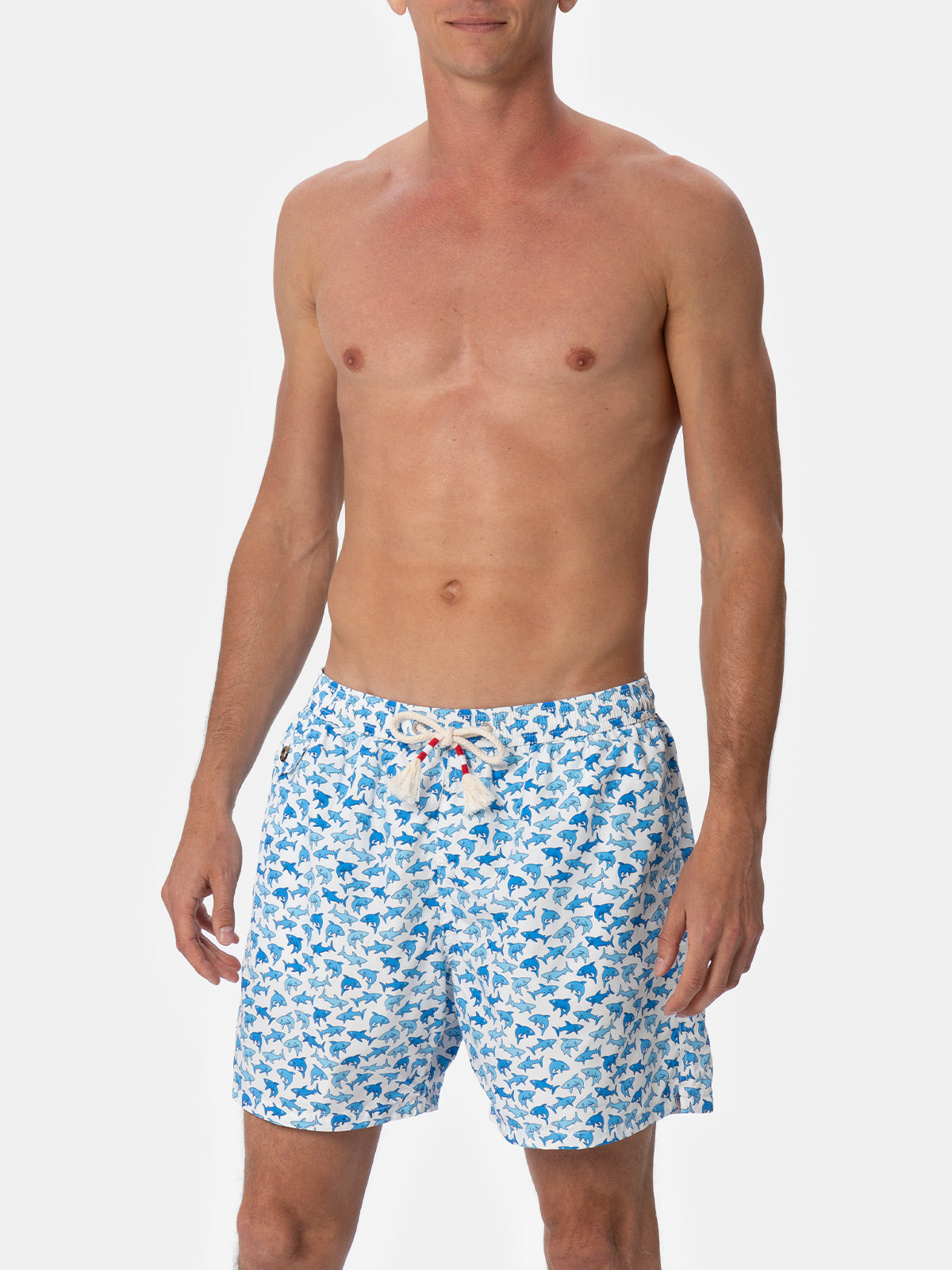 Man Lightweight Fabric Swim-Shorts Lighting 70 With Sharks Print White Swimshort