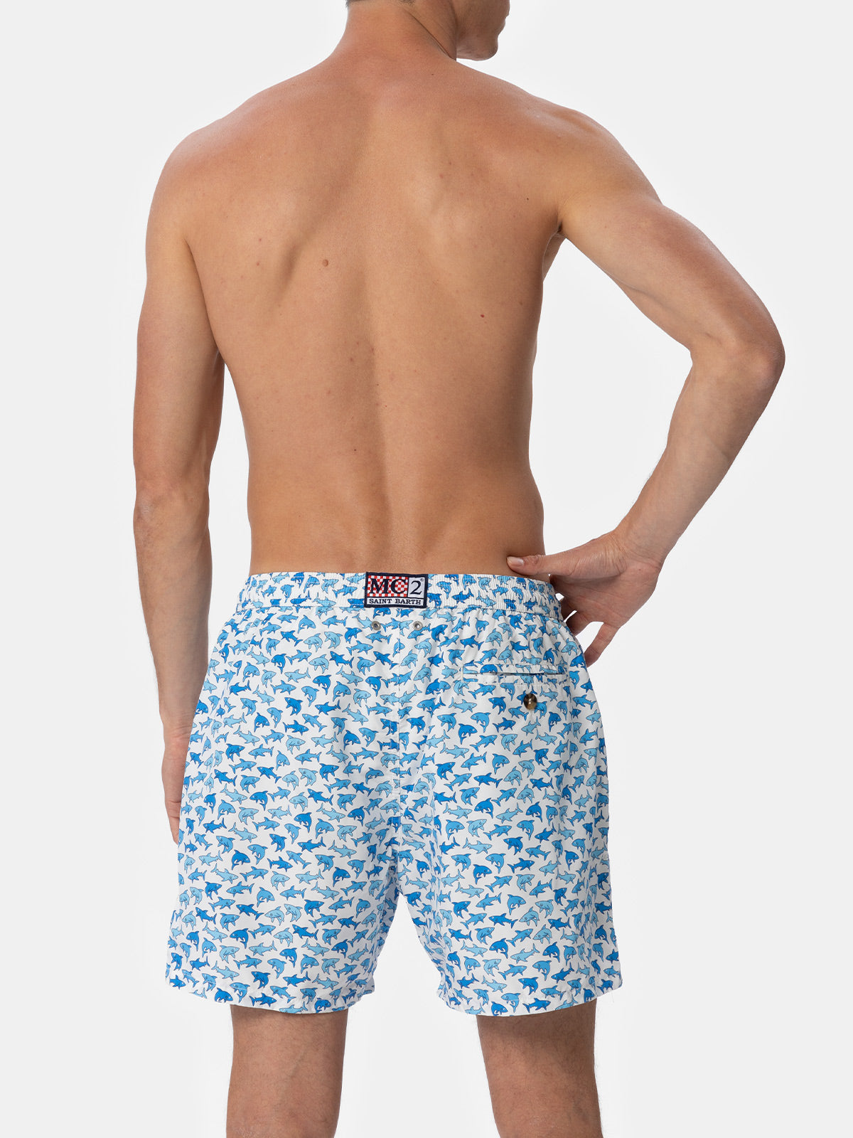 Man Lightweight Fabric Swim-Shorts Lighting 70 With Sharks Print White Swimshort