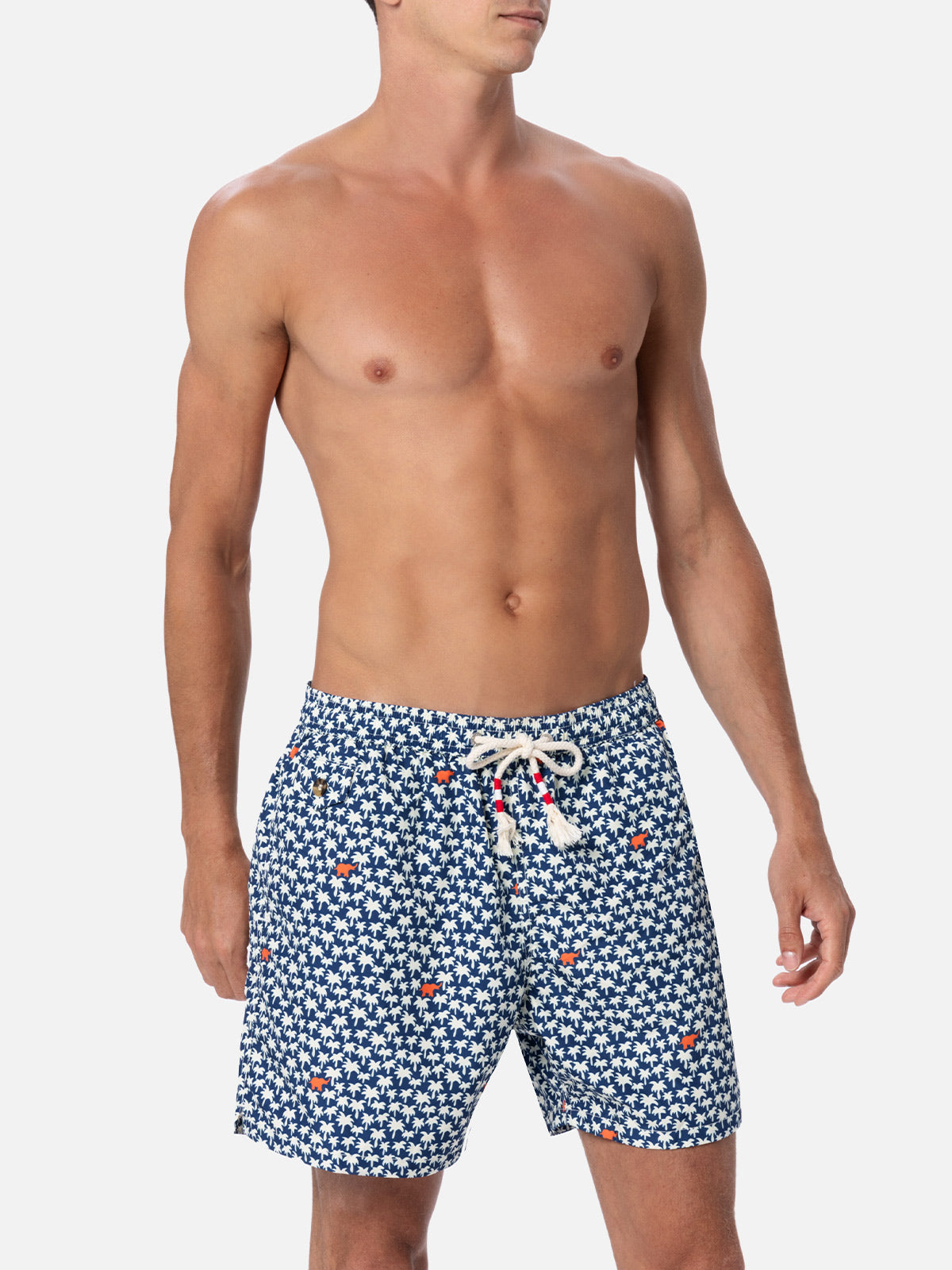 Man Lightweight Fabric Swim-Shorts Lighting 70 With Palm Print Blue Swimshort