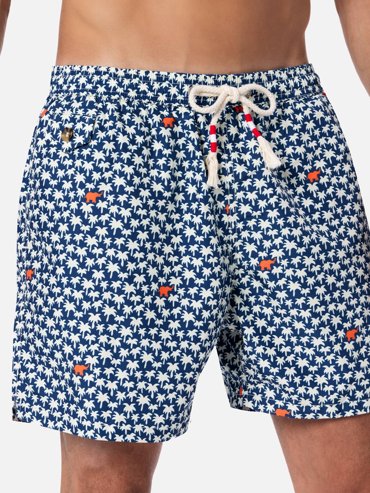 Man Lightweight Fabric Swim-Shorts Lighting 70 With Palm Print Blue Swimshort