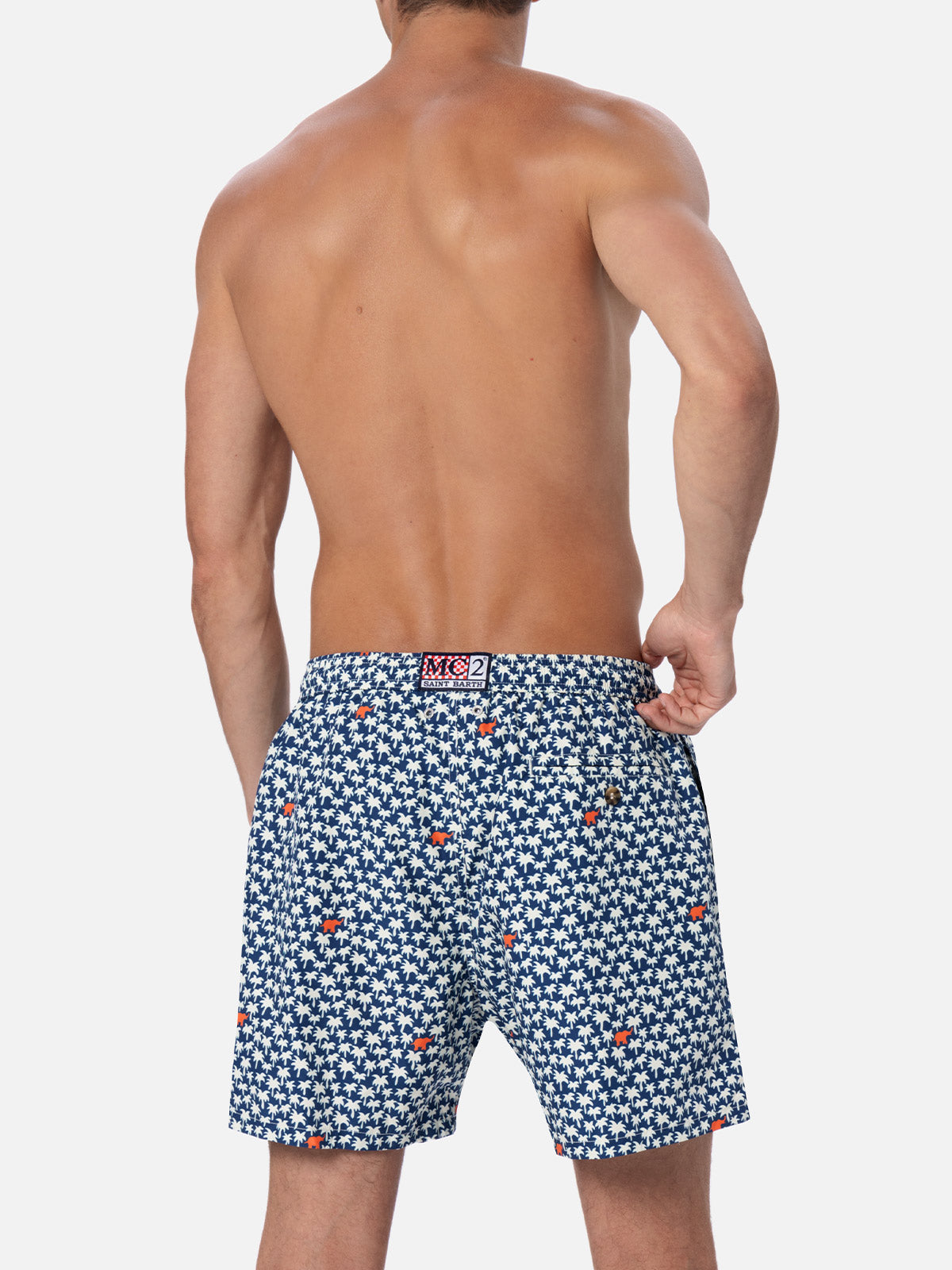 Man Lightweight Fabric Swim-Shorts Lighting 70 With Palm Print Blue Swimshort