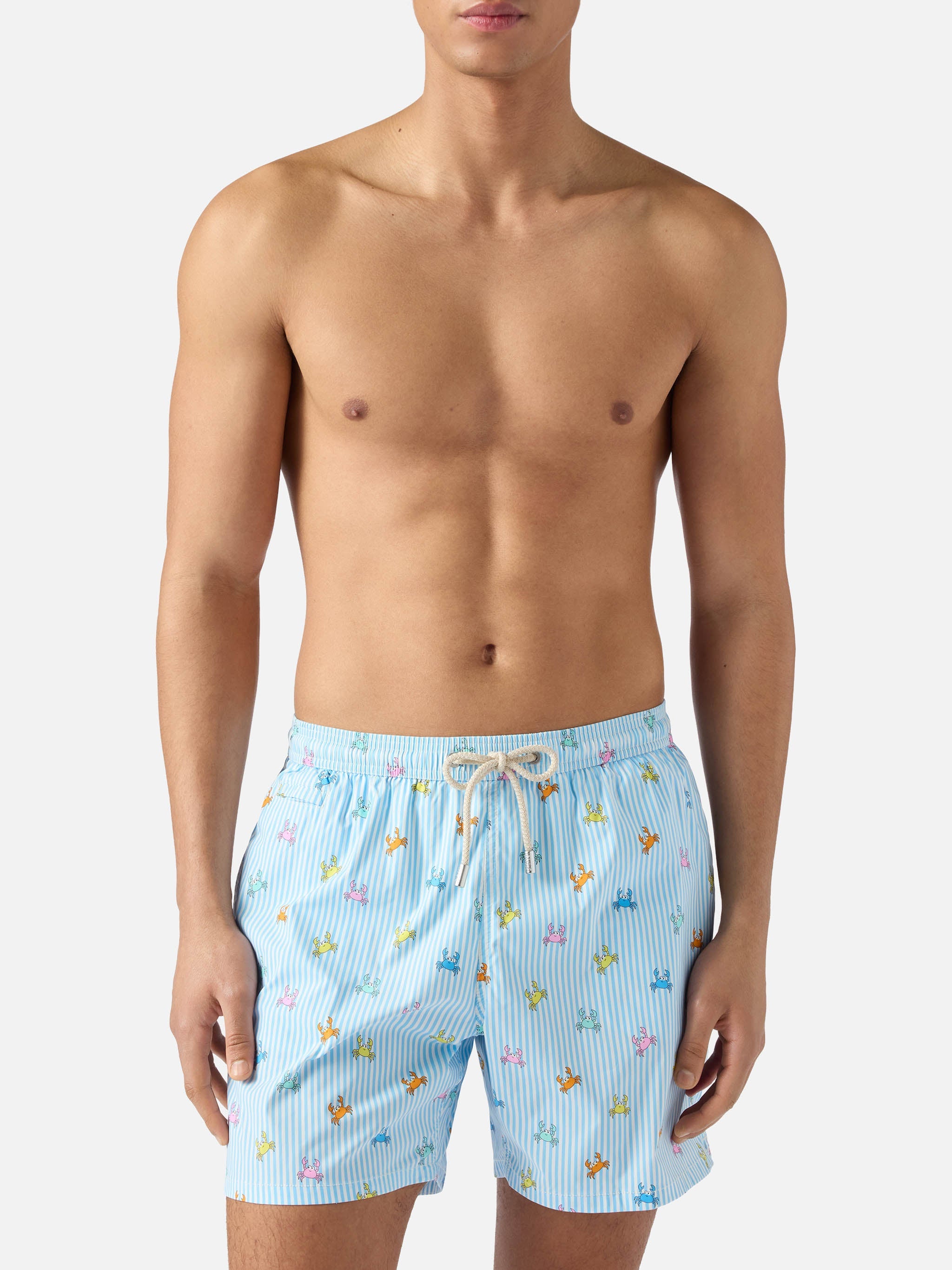 Light Blue Striped Lighting Micro Swim Shorts With All-Over Crab Print Sky Swimshort
