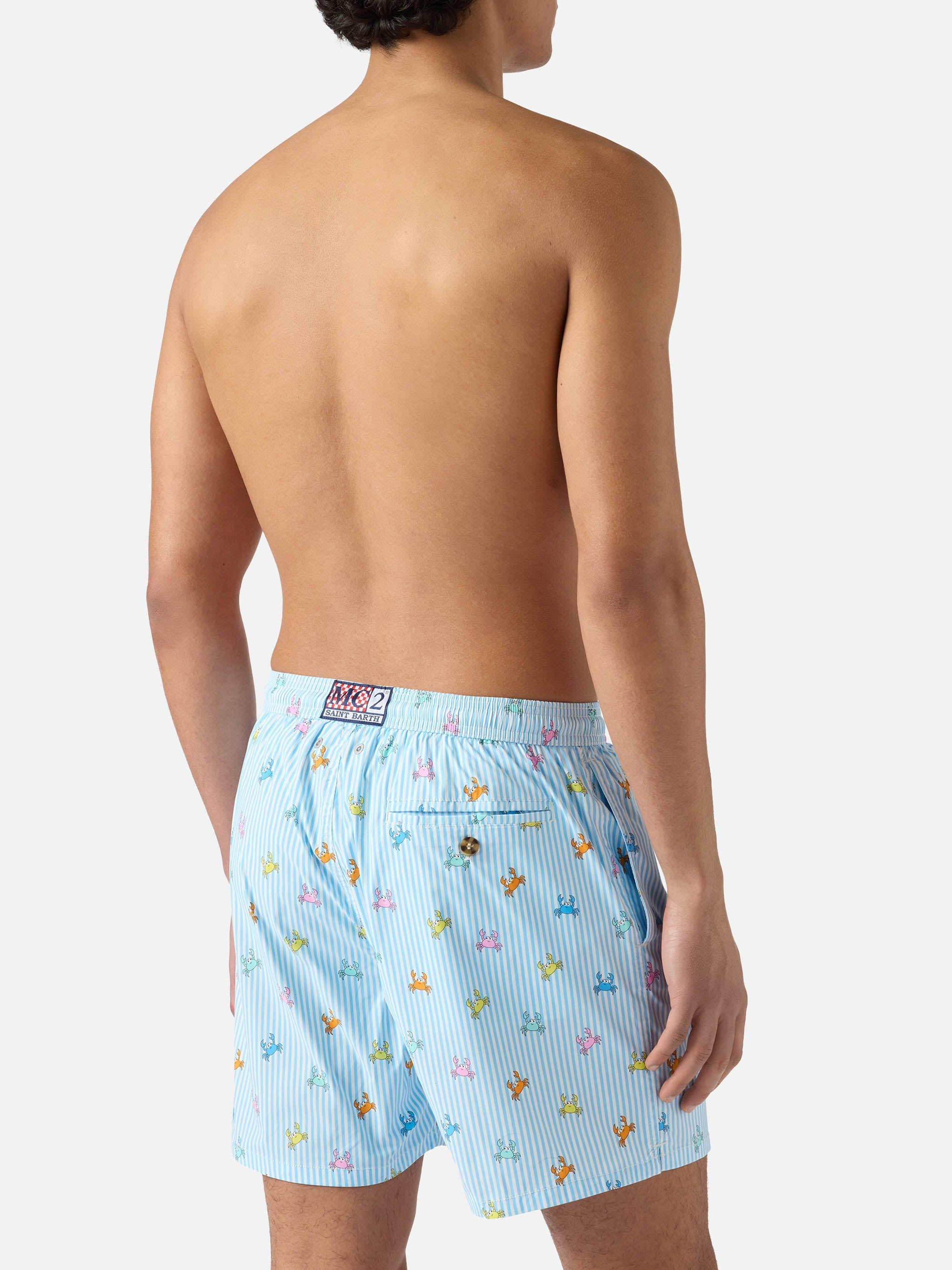Light Blue Striped Lighting Micro Swim Shorts With All-Over Crab Print Sky Swimshort