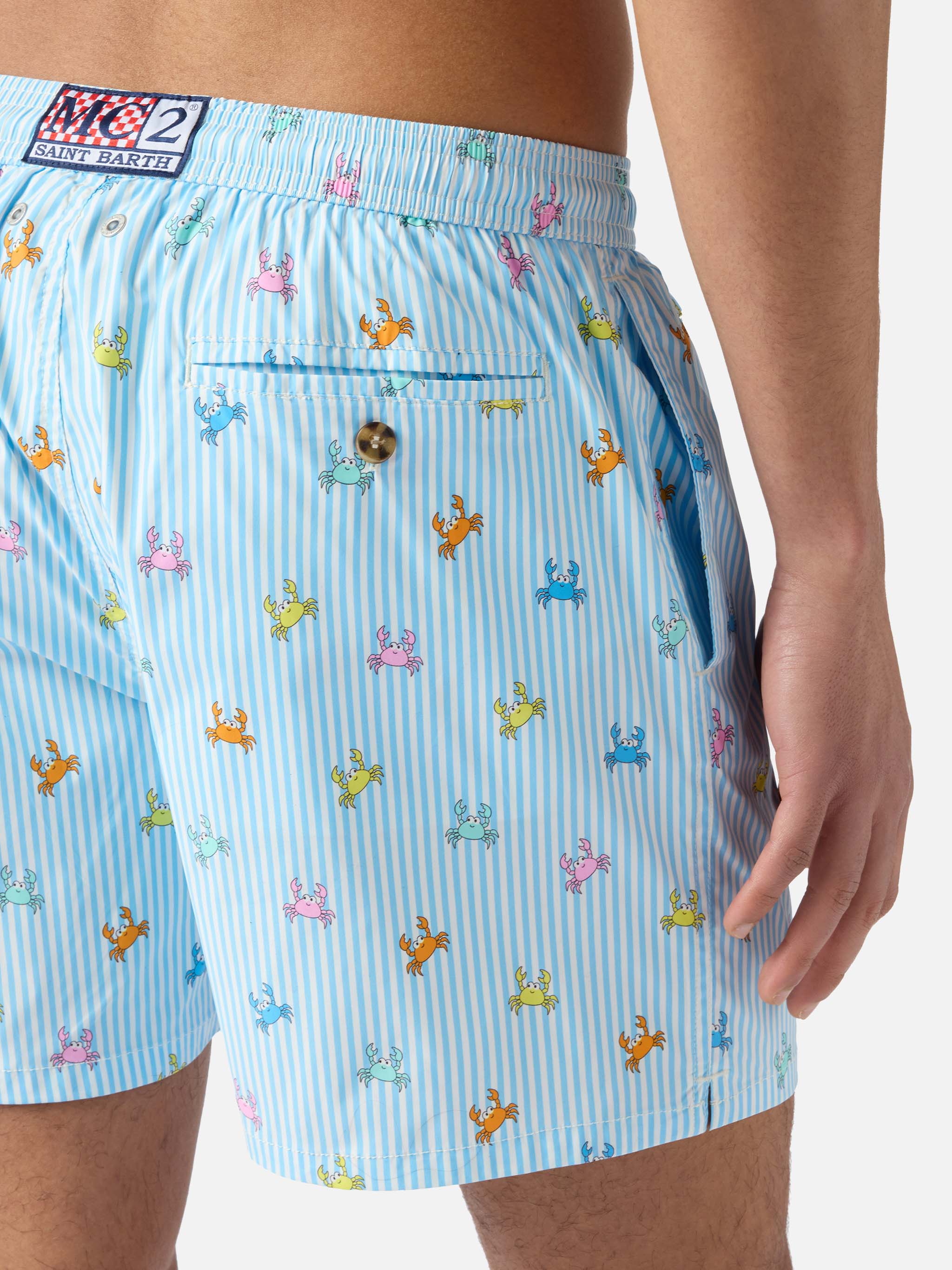 Light Blue Striped Lighting Micro Swim Shorts With All-Over Crab Print Sky Swimshort