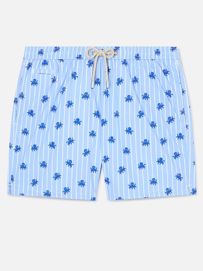 Blue Striped Lighting Micro Swim Shorts With All-Over Octopus Print Swimshort