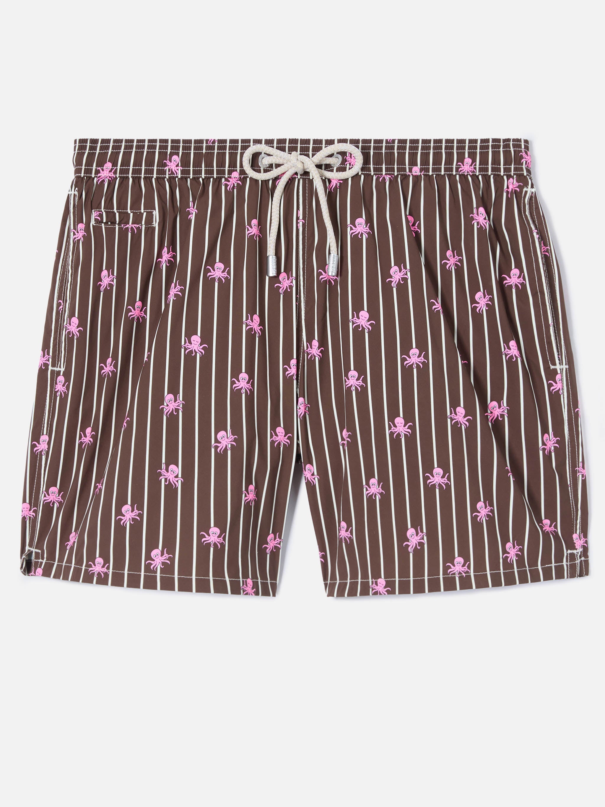 Brown Striped Lighting Micro Swim Shorts With All-Over Octopus Print Swimshort