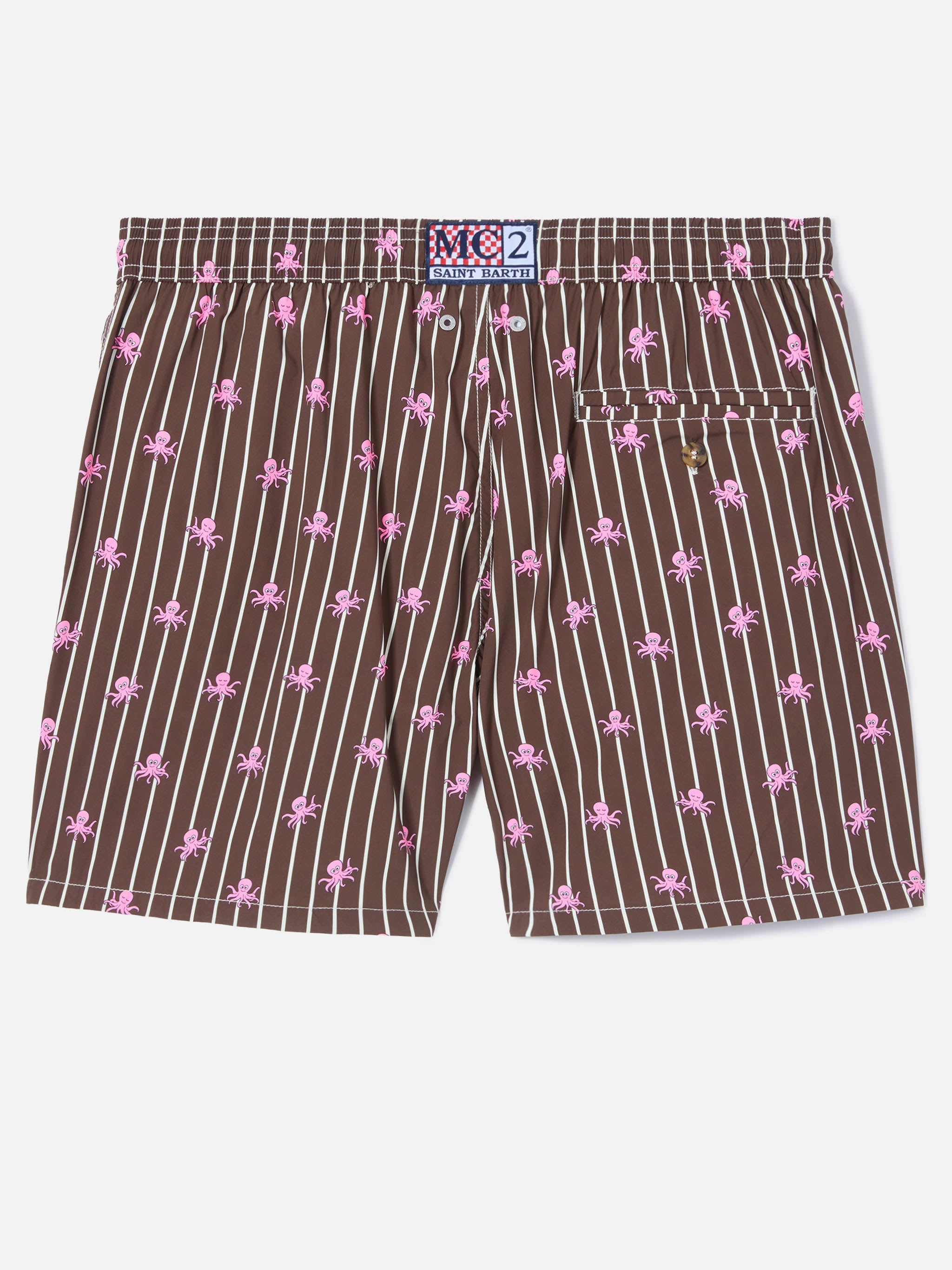 Brown Striped Lighting Micro Swim Shorts With All-Over Octopus Print Swimshort