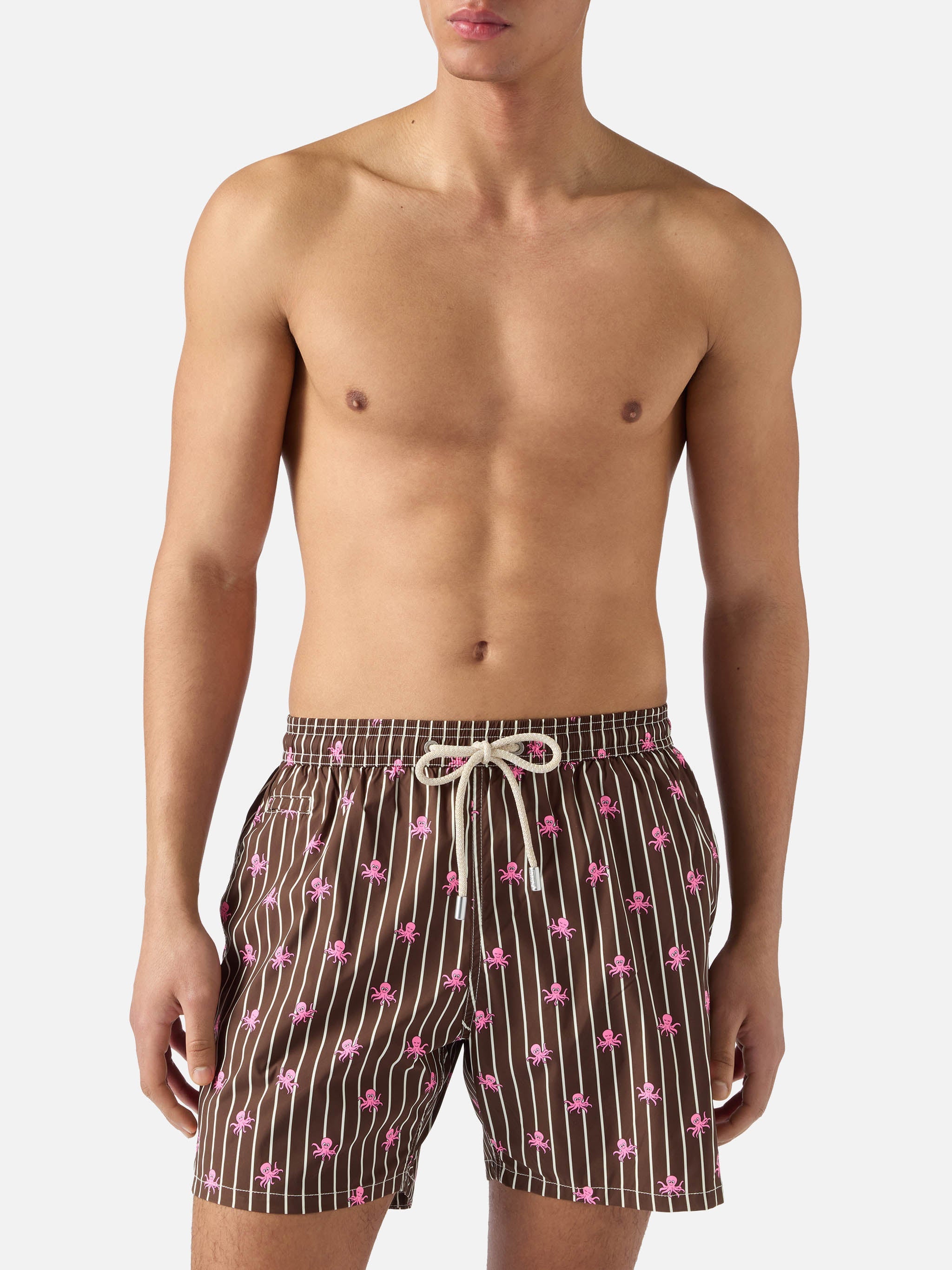 Brown Striped Lighting Micro Swim Shorts With All-Over Octopus Print Swimshort