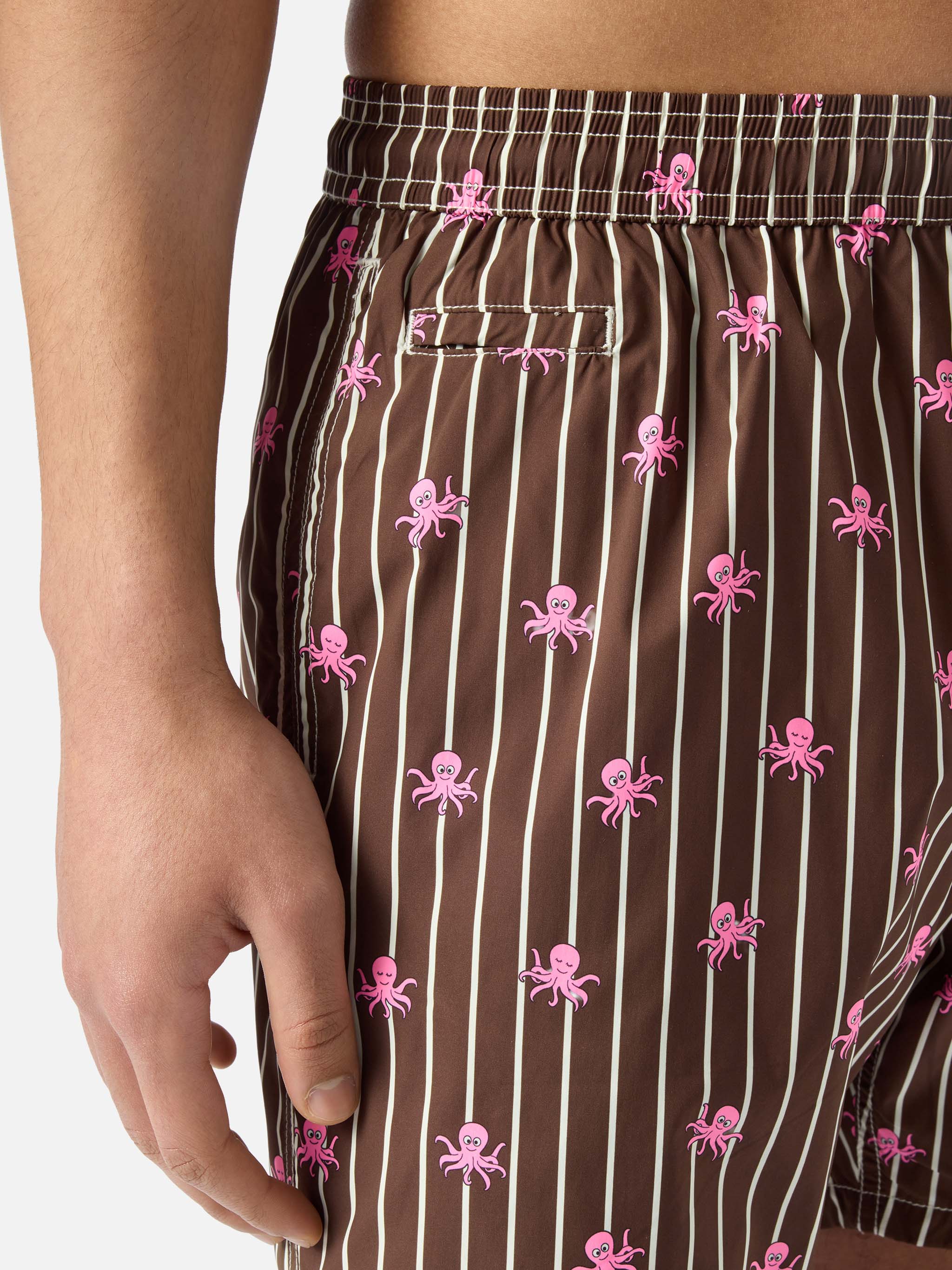 Brown Striped Lighting Micro Swim Shorts With All-Over Octopus Print Swimshort