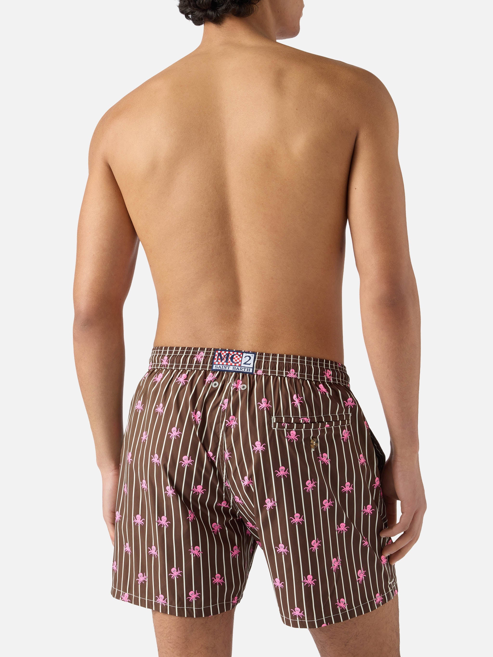 Brown Striped Lighting Micro Swim Shorts With All-Over Octopus Print Swimshort