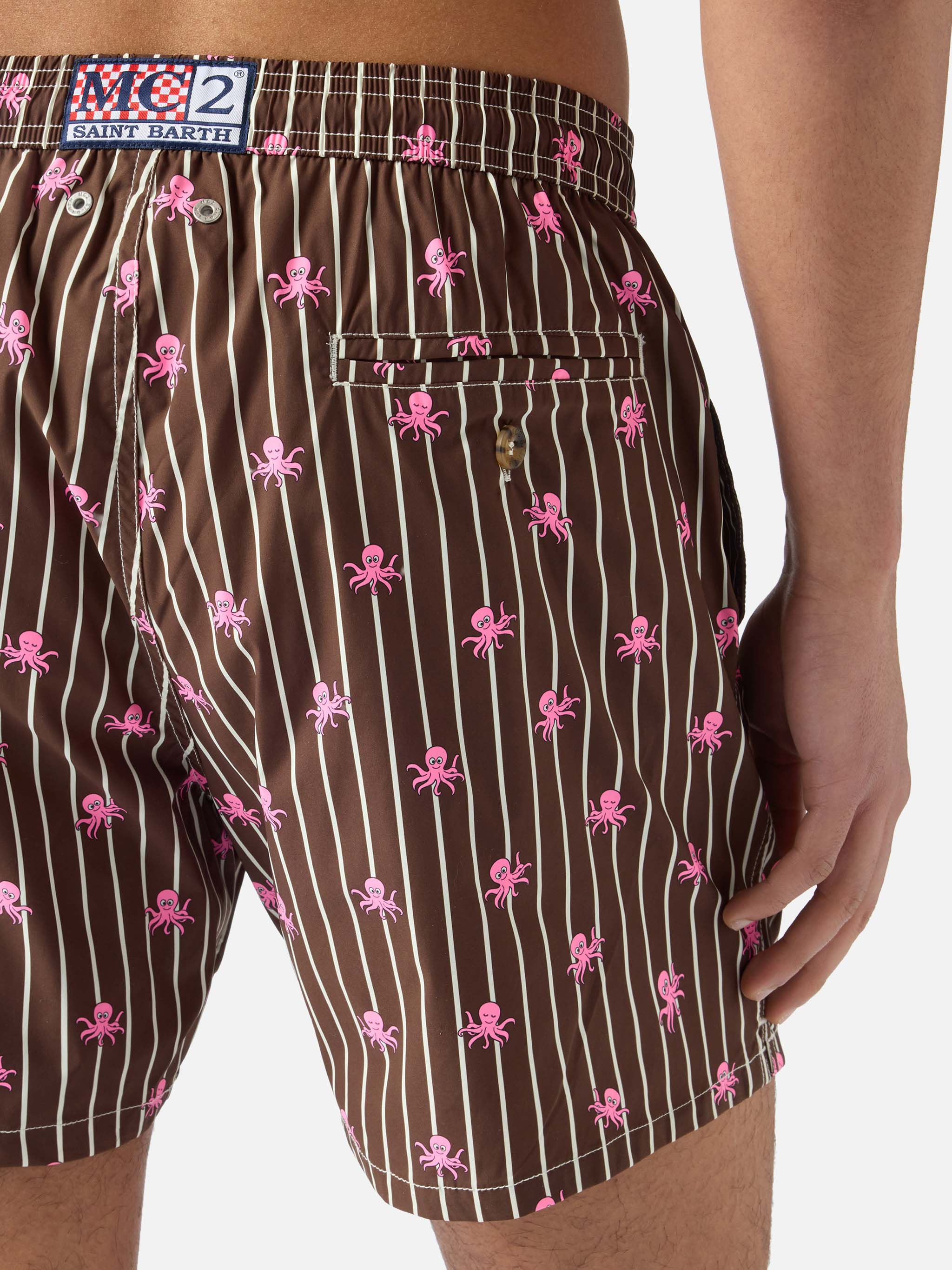 Brown Striped Lighting Micro Swim Shorts With All-Over Octopus Print Swimshort