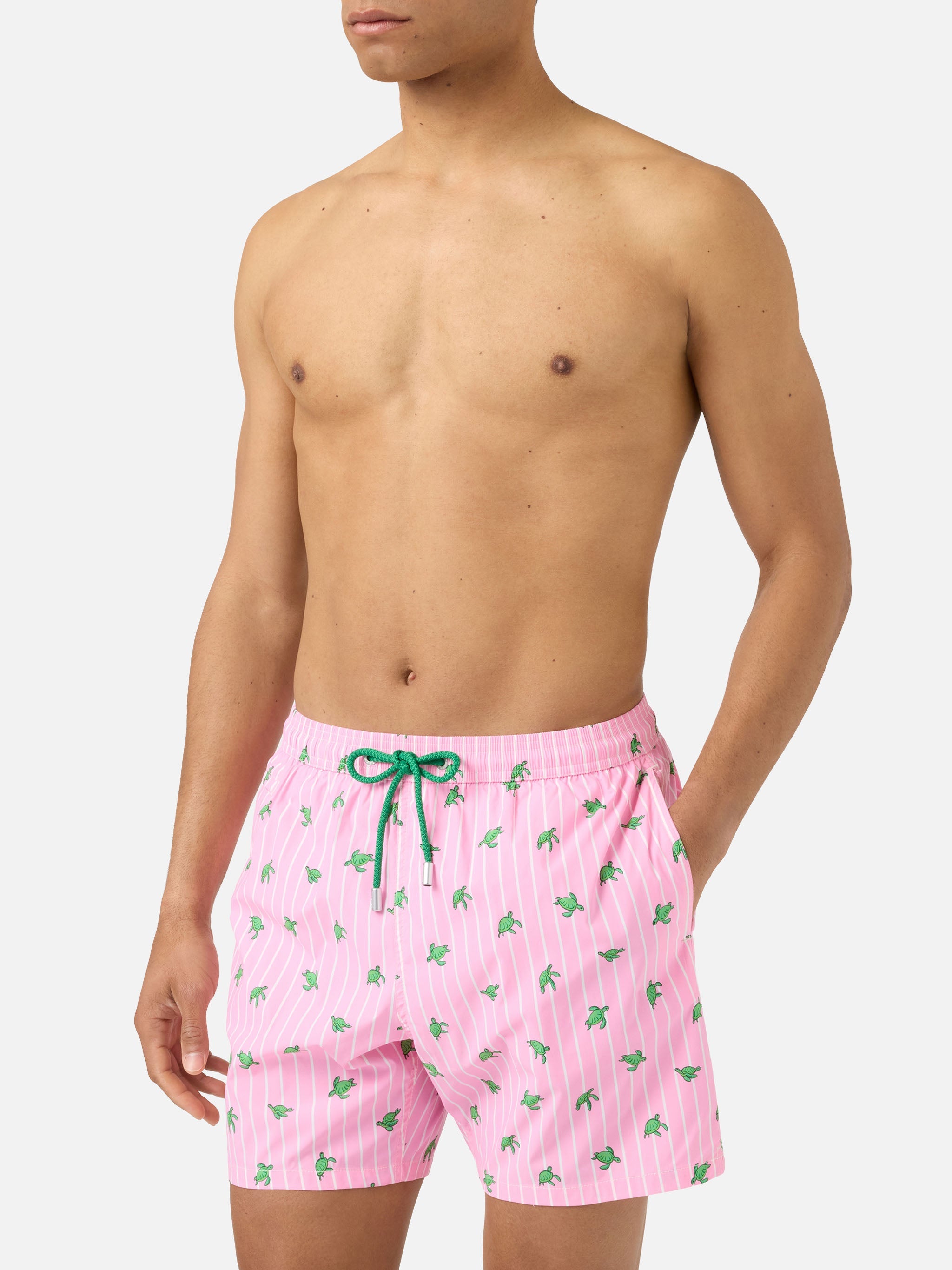 Pink Striped Lighting Micro Swim Shorts With All-Over Turtle Print Swimshort