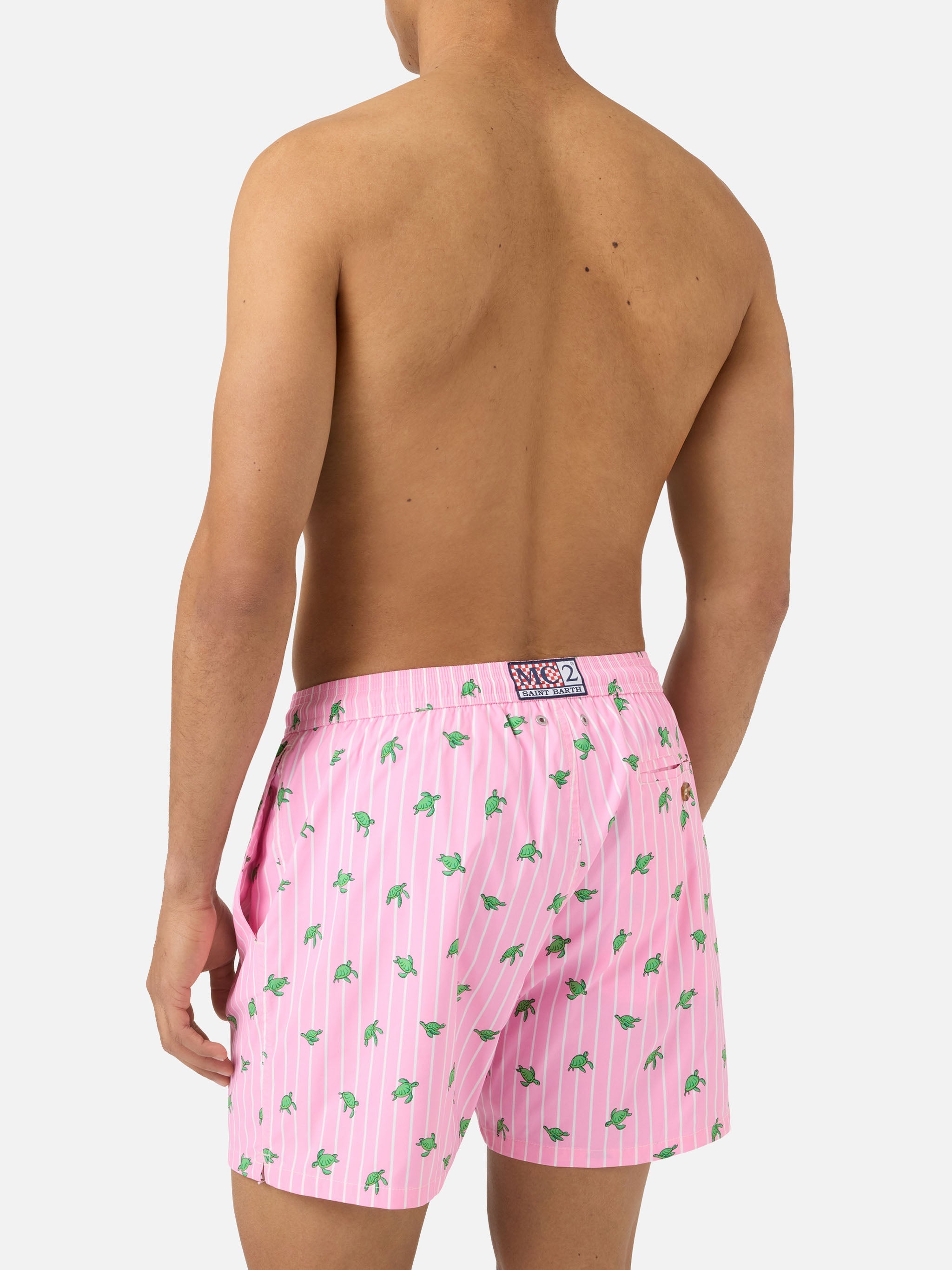 Pink Striped Lighting Micro Swim Shorts With All-Over Turtle Print Swimshort
