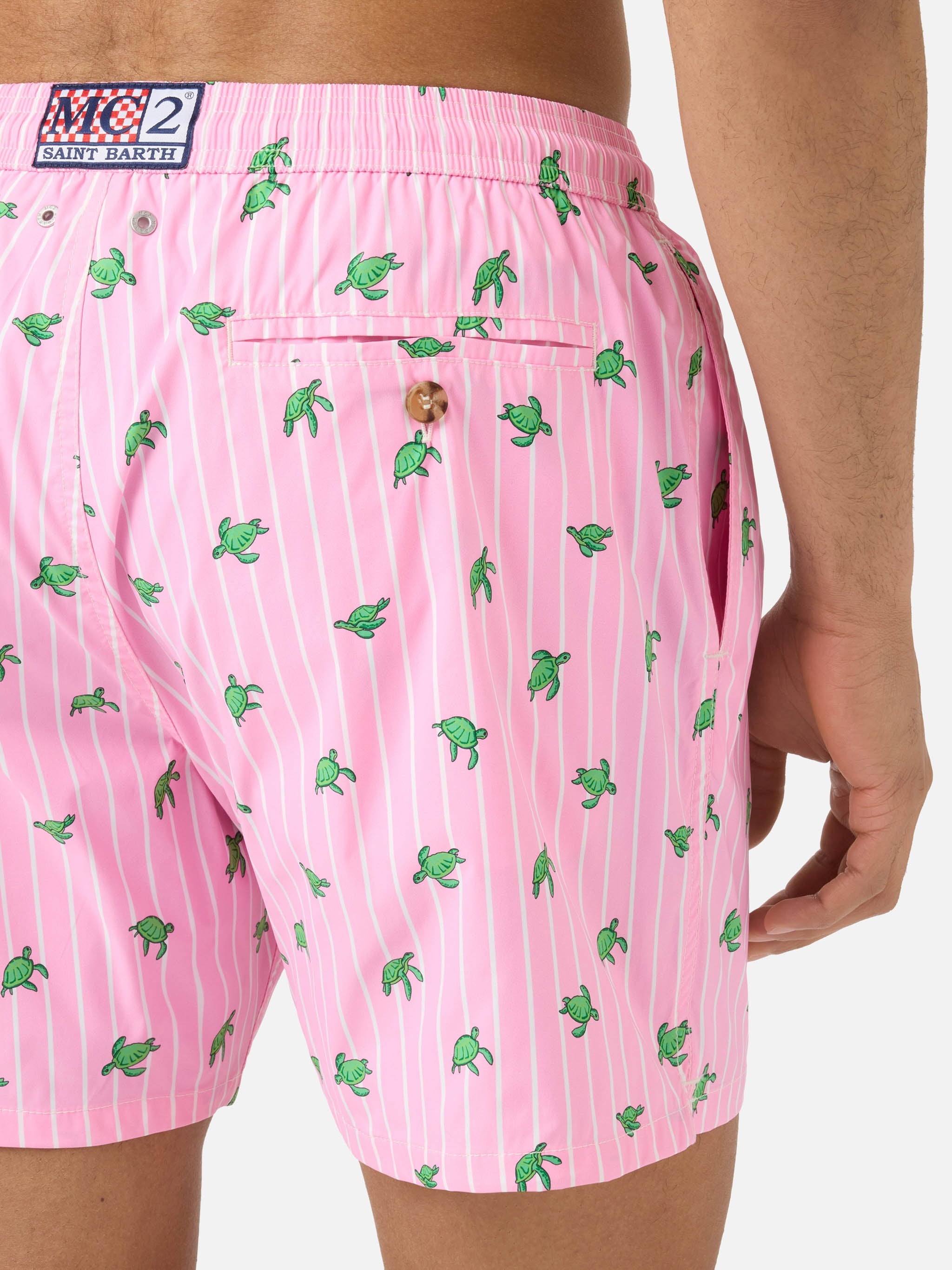 Pink Striped Lighting Micro Swim Shorts With All-Over Turtle Print Swimshort