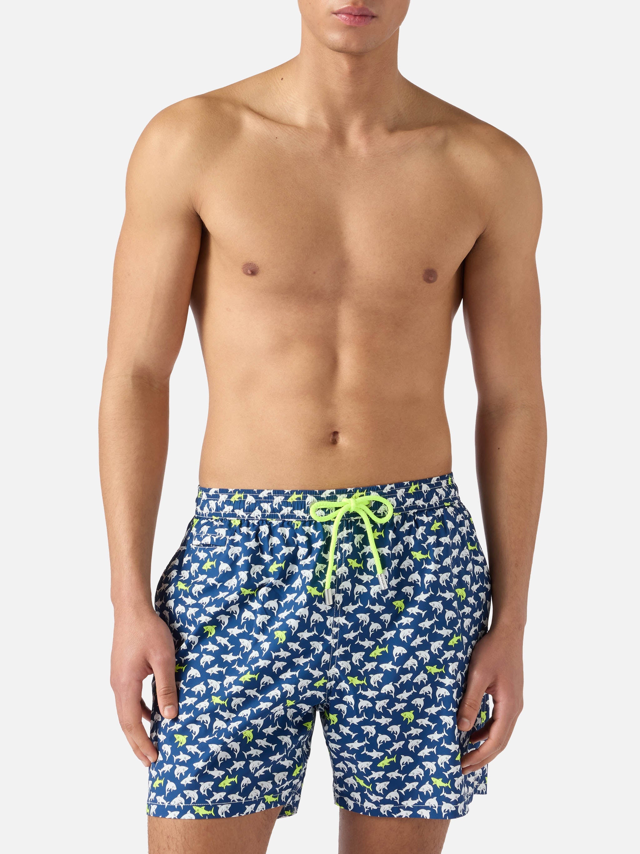 Navy Blue Lighting Micro Swim Shorts With All-Over Shark Print Swimshort