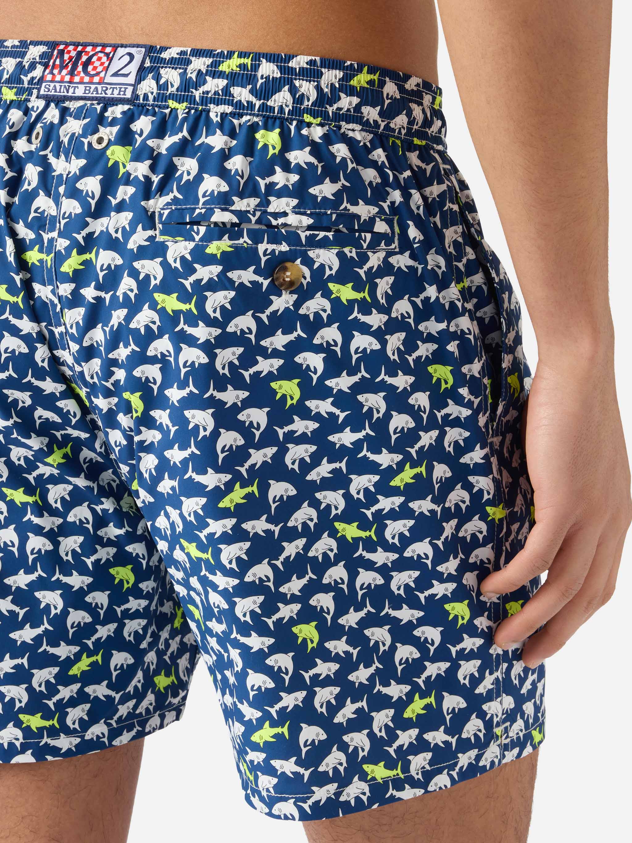 Navy Blue Lighting Micro Swim Shorts With All-Over Shark Print Swimshort