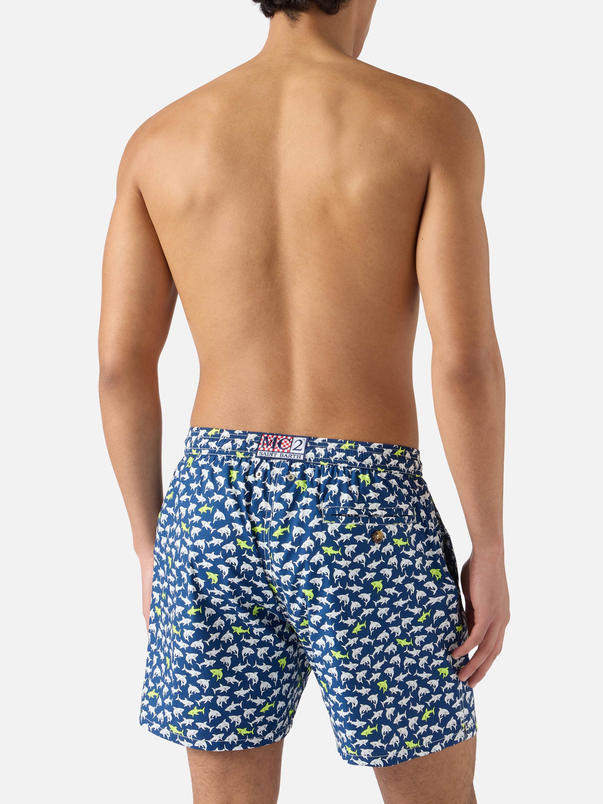 Navy Blue Lighting Micro Swim Shorts With All-Over Shark Print Swimshort