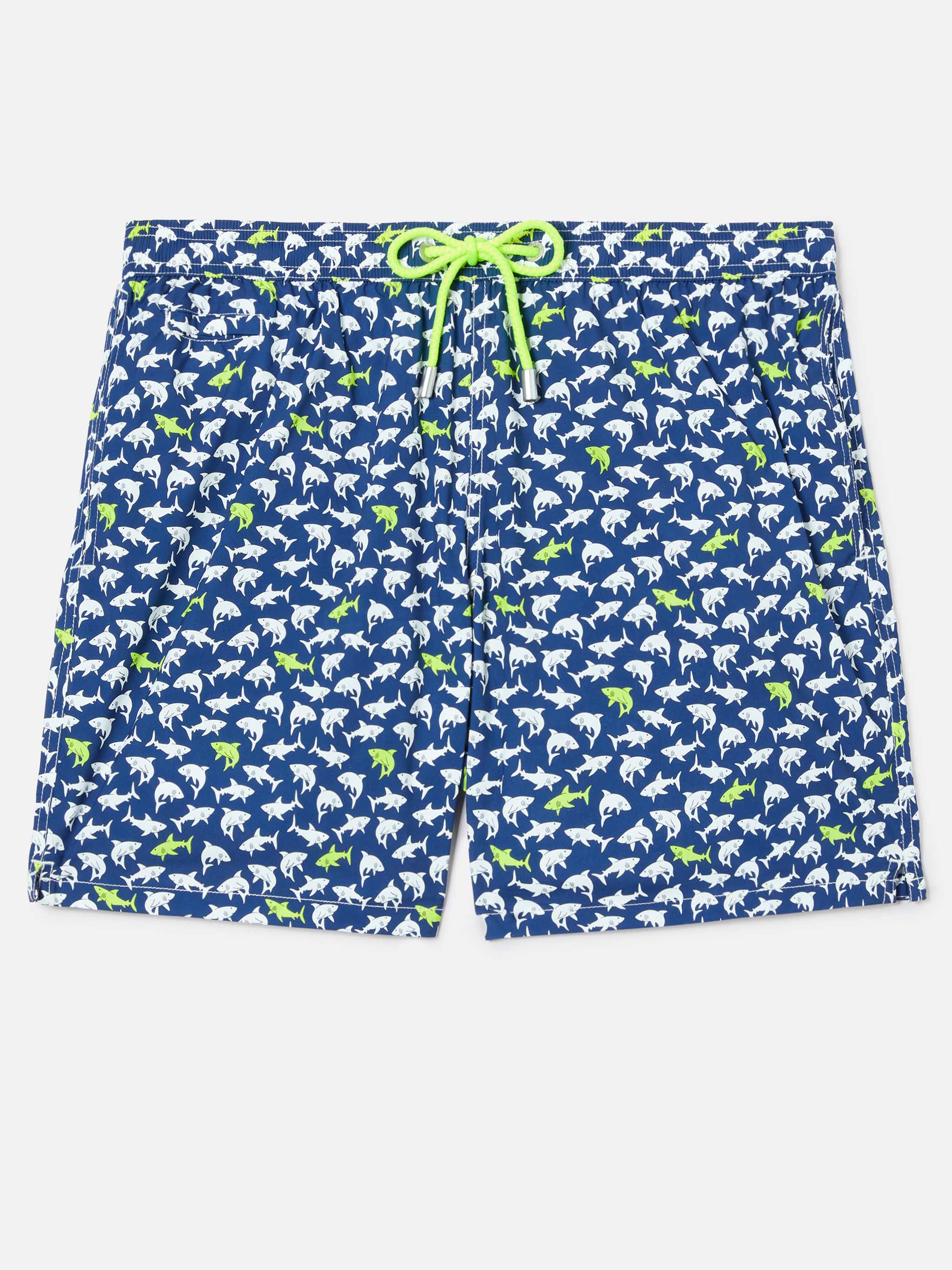 Navy Blue Lighting Micro Swim Shorts With All-Over Shark Print Swimshort