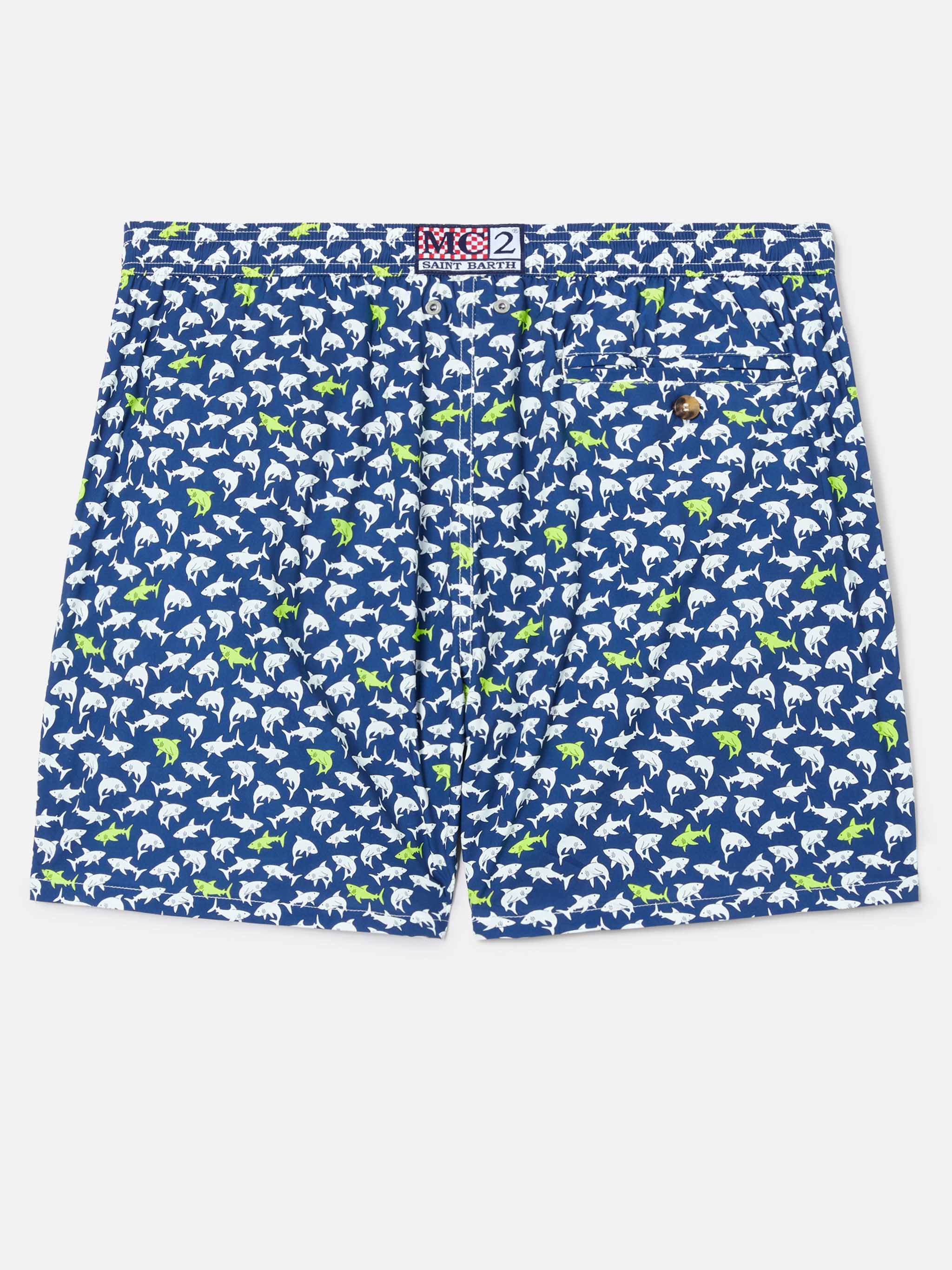 Navy Blue Lighting Micro Swim Shorts With All-Over Shark Print Swimshort