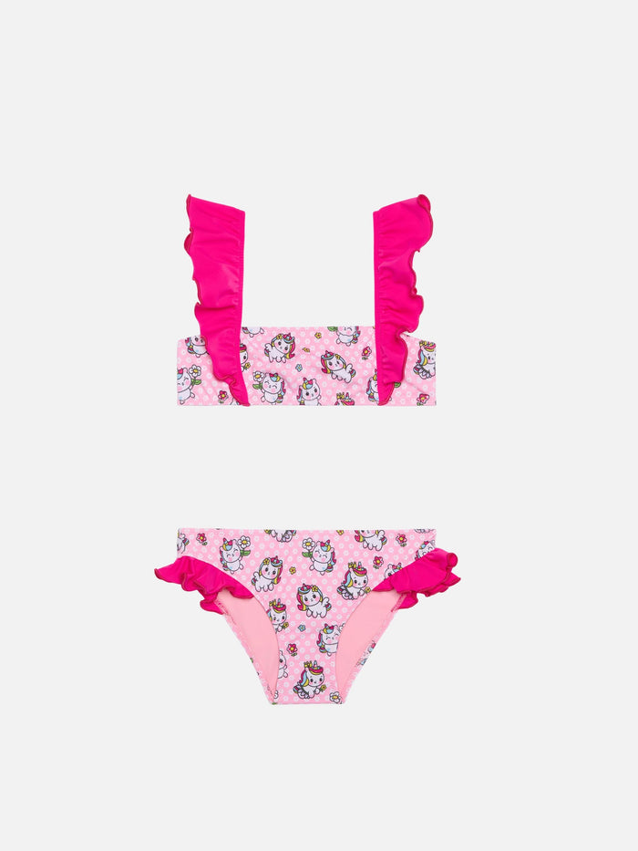 Girl Ruffled Bandeau Bikini With Unicorns Print Pink