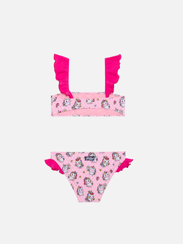 Girl Ruffled Bandeau Bikini With Unicorns Print Pink
