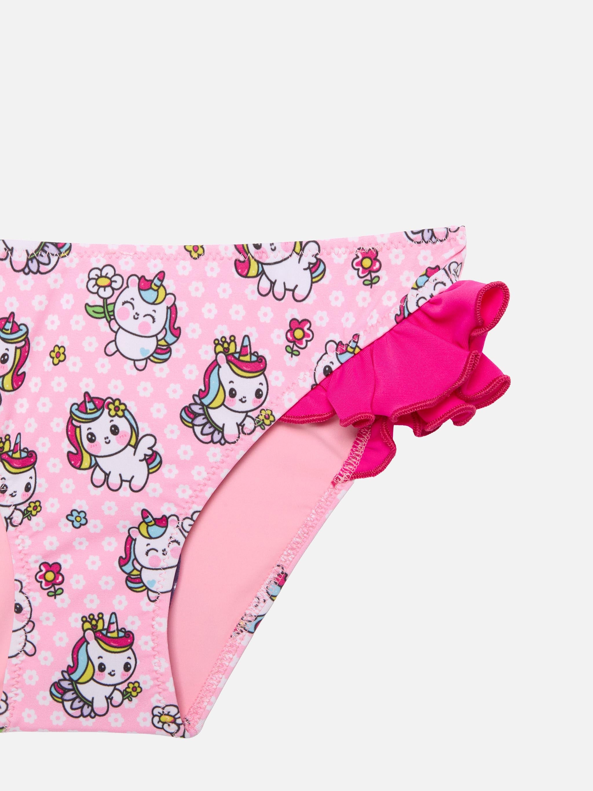 Girl Ruffled Bandeau Bikini With Unicorns Print Pink