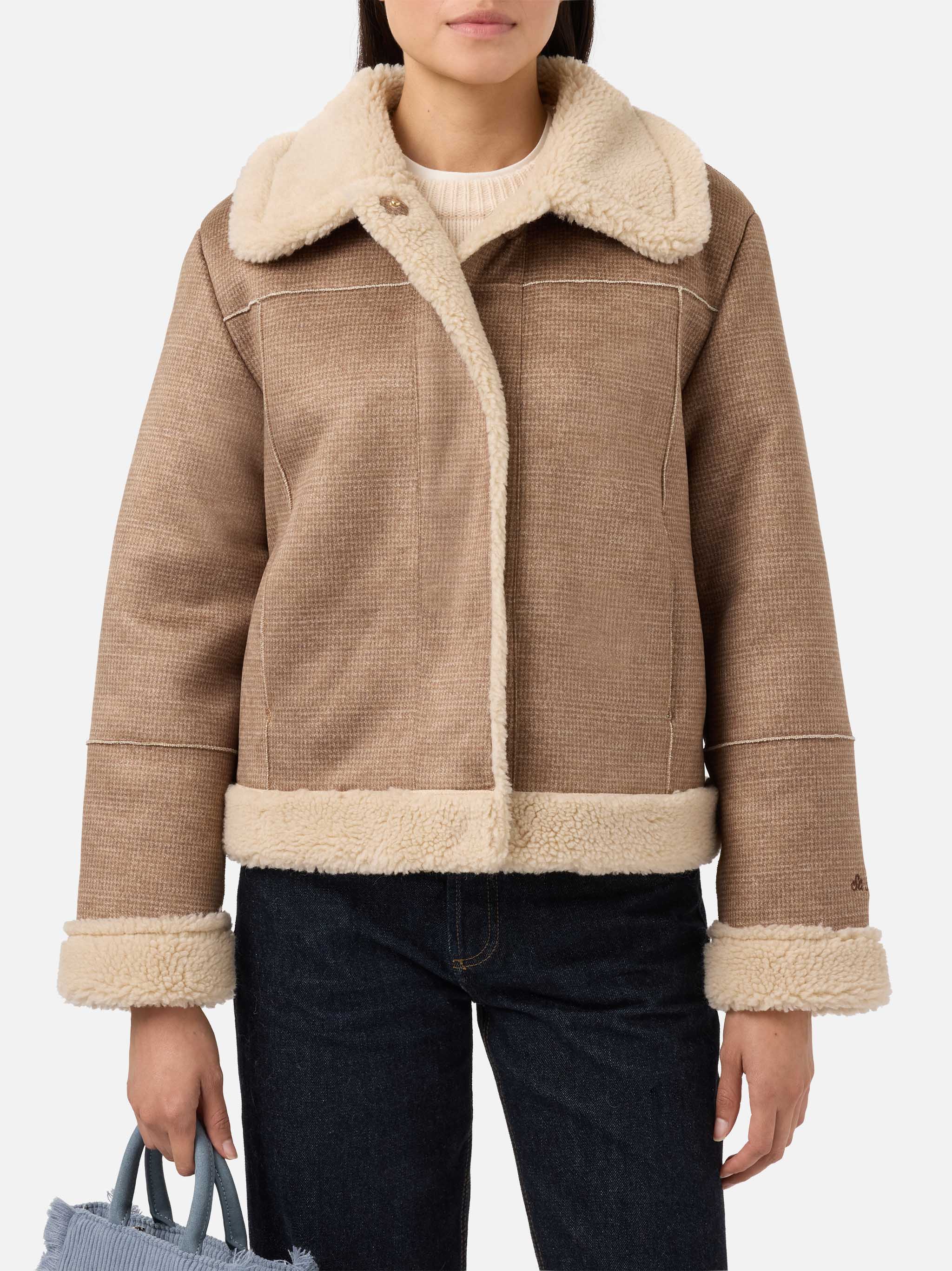Lorayne Faux-Shearling Jacket Houndstooth With Shearling Trims Brown