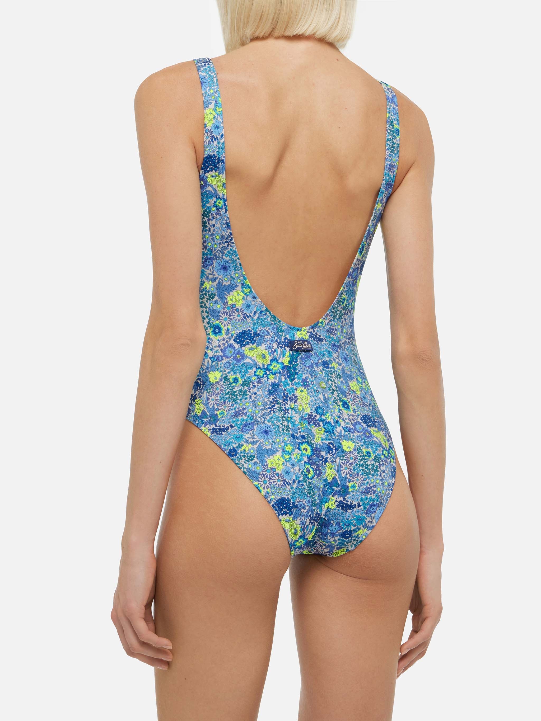 Lora Scoopback One Piece Swimsuit With Margaret Annie Print | Made Liberty Fabric Blue