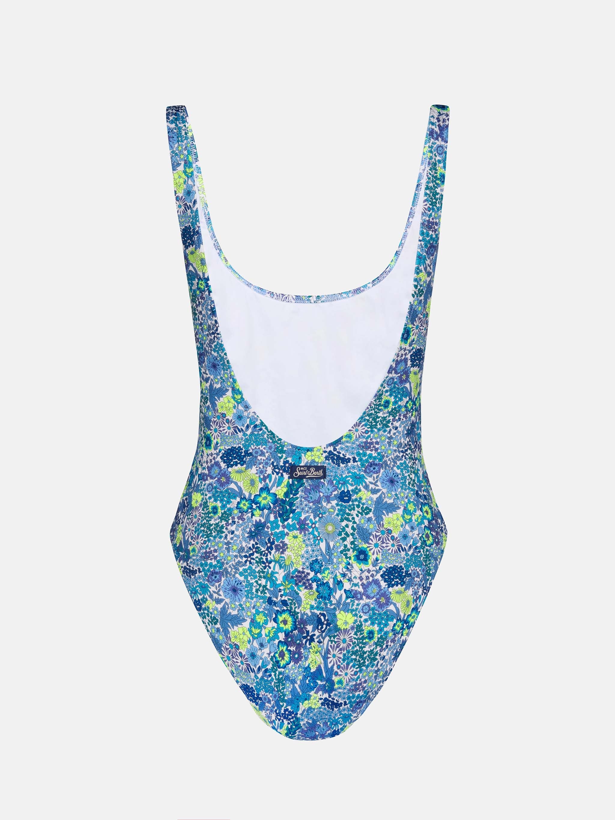 Lora Scoopback One Piece Swimsuit With Margaret Annie Print | Made Liberty Fabric Blue