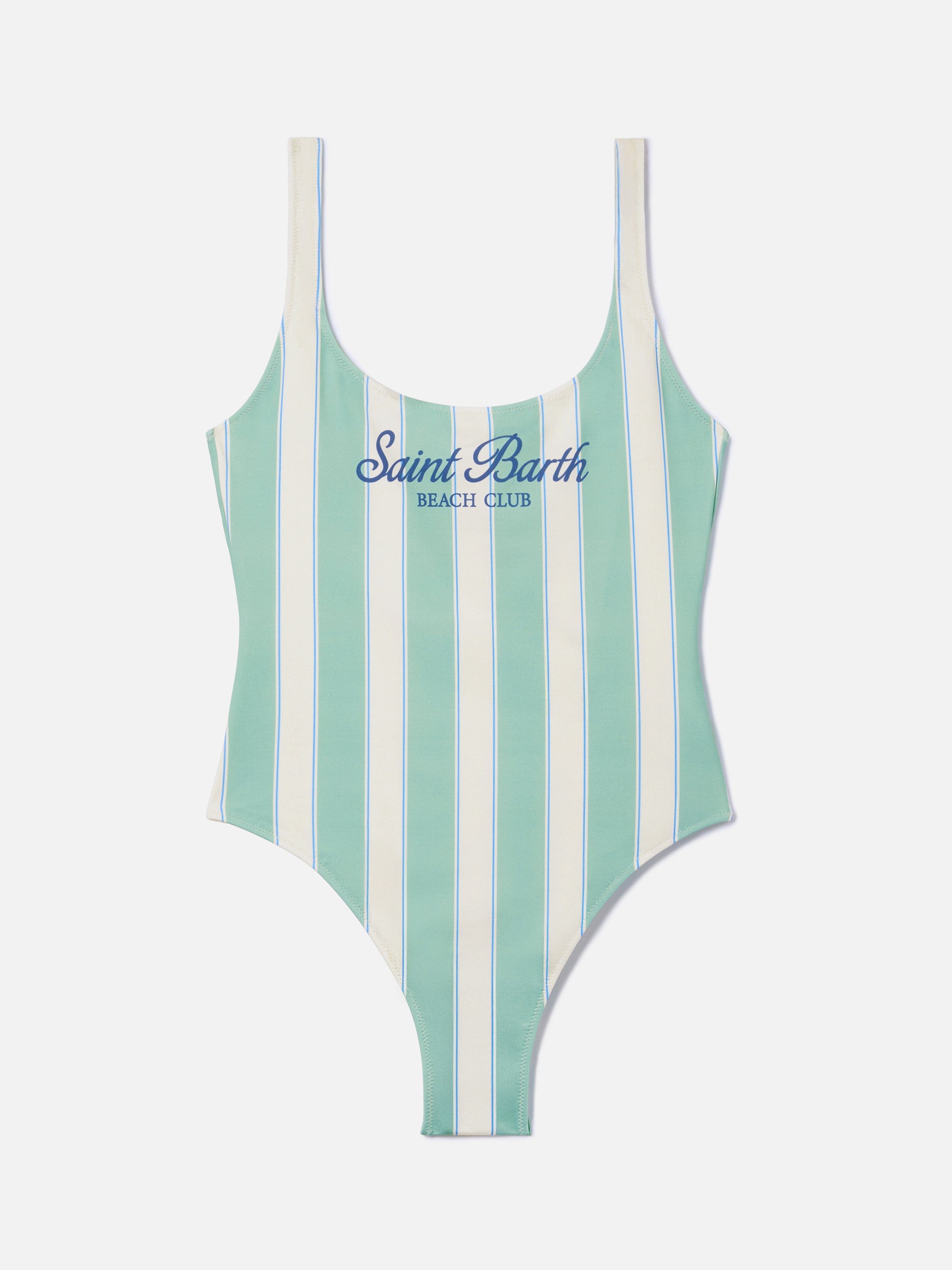 Lora One-Piece Swimsuit Sage Green And Cream Striped Design With Beach Club Print One Piece