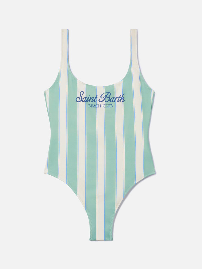 Lora One-Piece Swimsuit Sage Green And Cream Striped Design With Beach Club Print One Piece