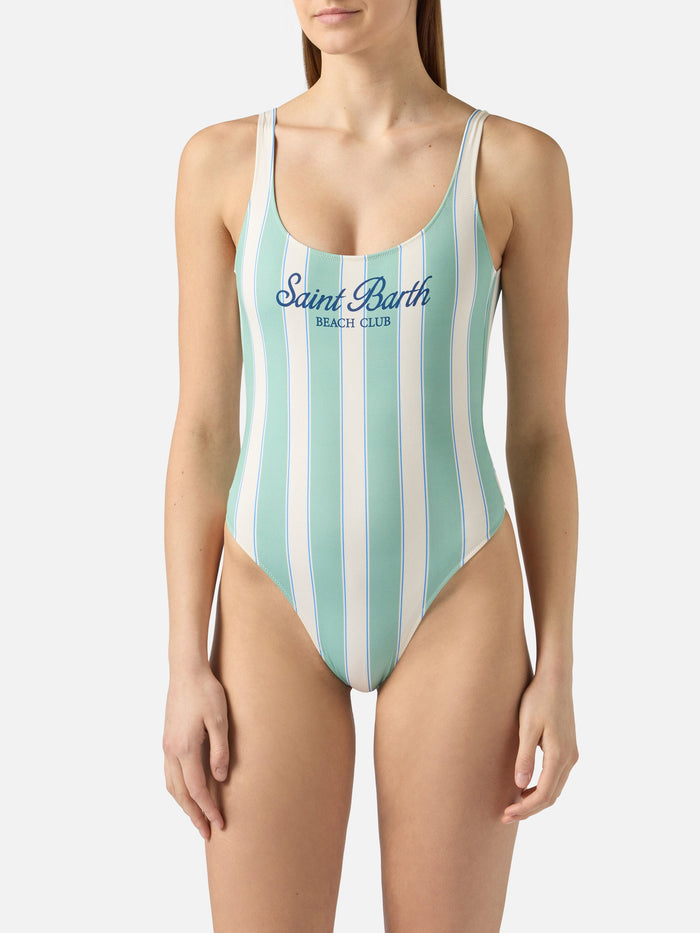 Lora One-Piece Swimsuit Sage Green And Cream Striped Design With Beach Club Print One Piece