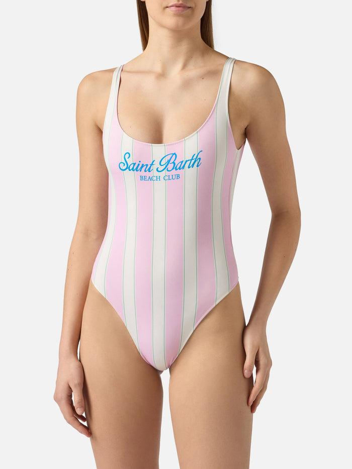 Lora One-Piece Swimsuit Pink And Cream Striped Design With Beach Club Print One Piece